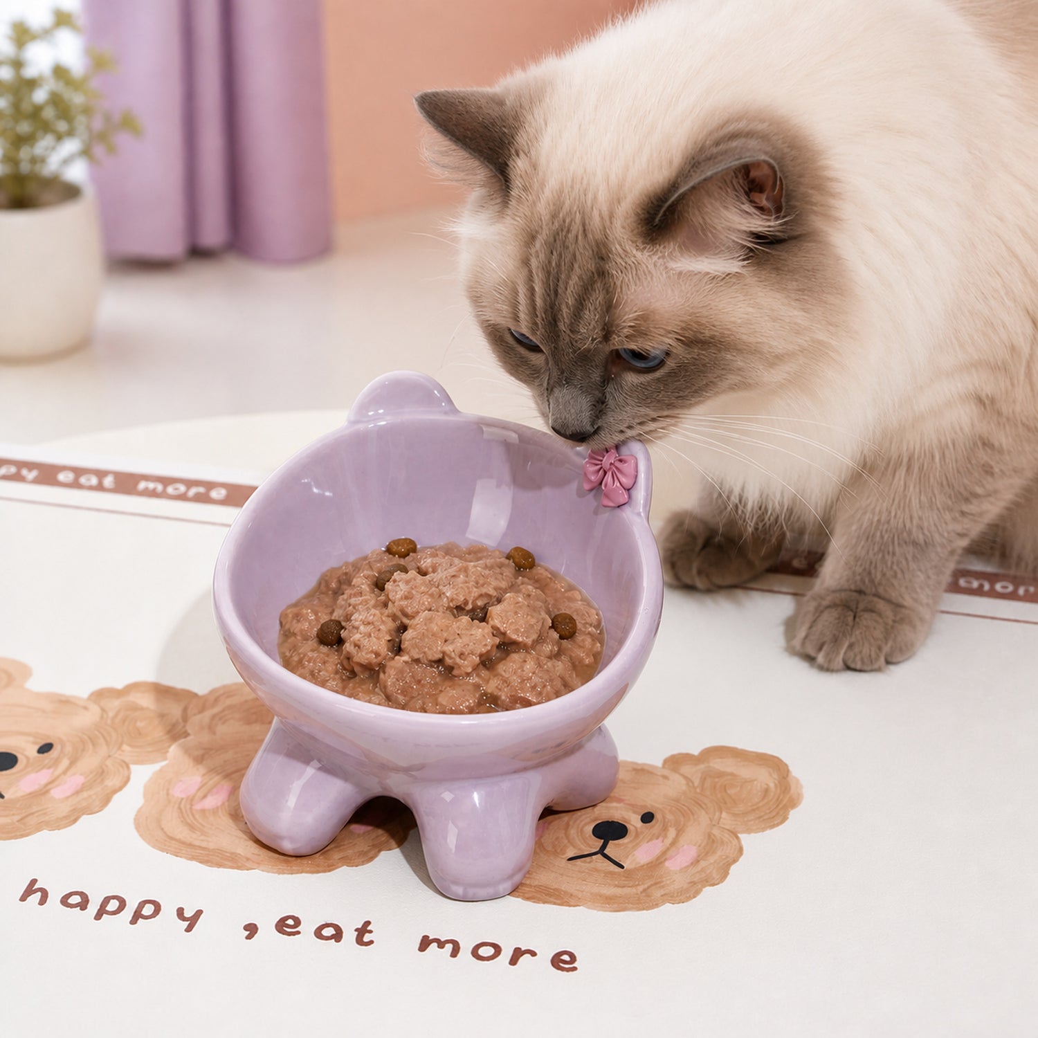 Bow Kitty Raised Ceramic Cat Bowl | 15° Tilted Easy-Clean Feeder