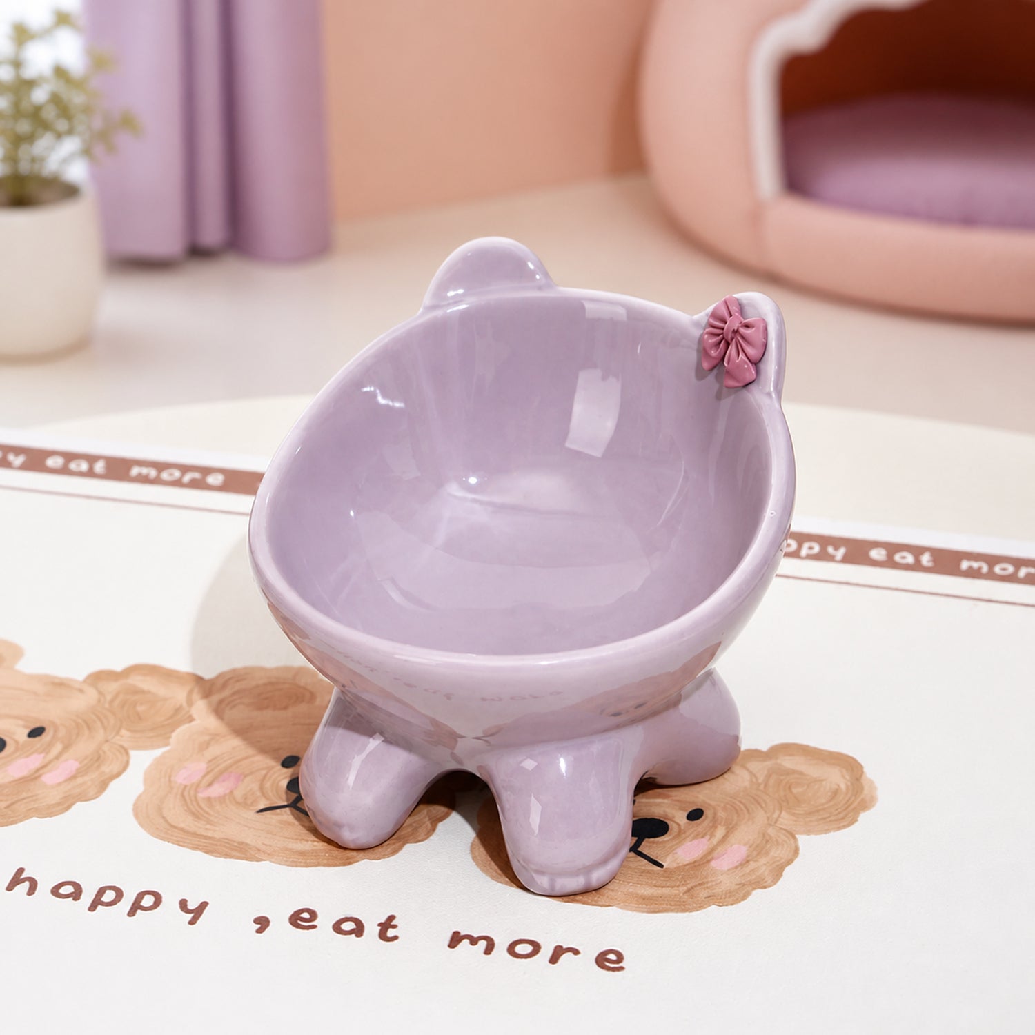 Bow Kitty Raised Ceramic Cat Bowl | 15° Tilted Easy-Clean Feeder