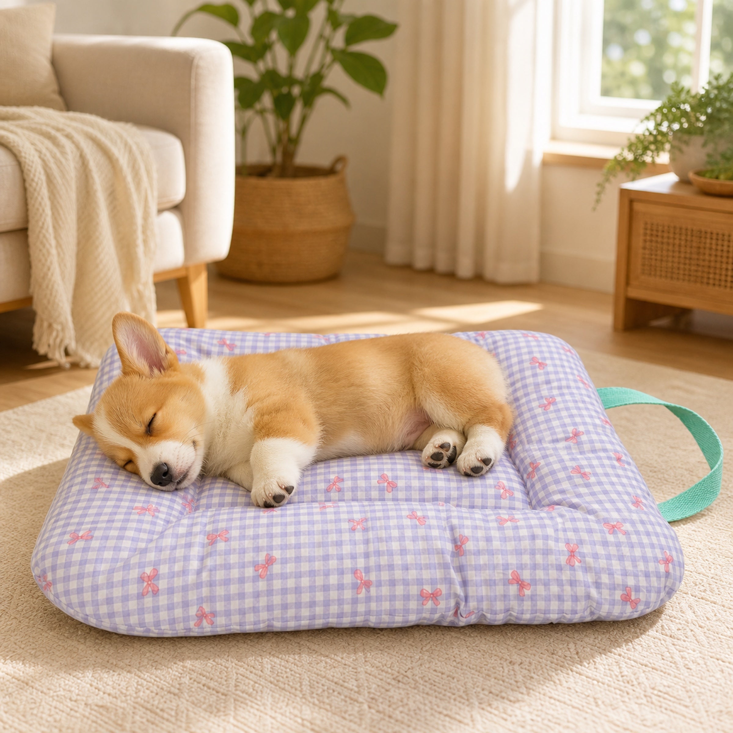 Gingham Bow Pet Mat | Cotton Double-Sided All-Season | Washable Bed