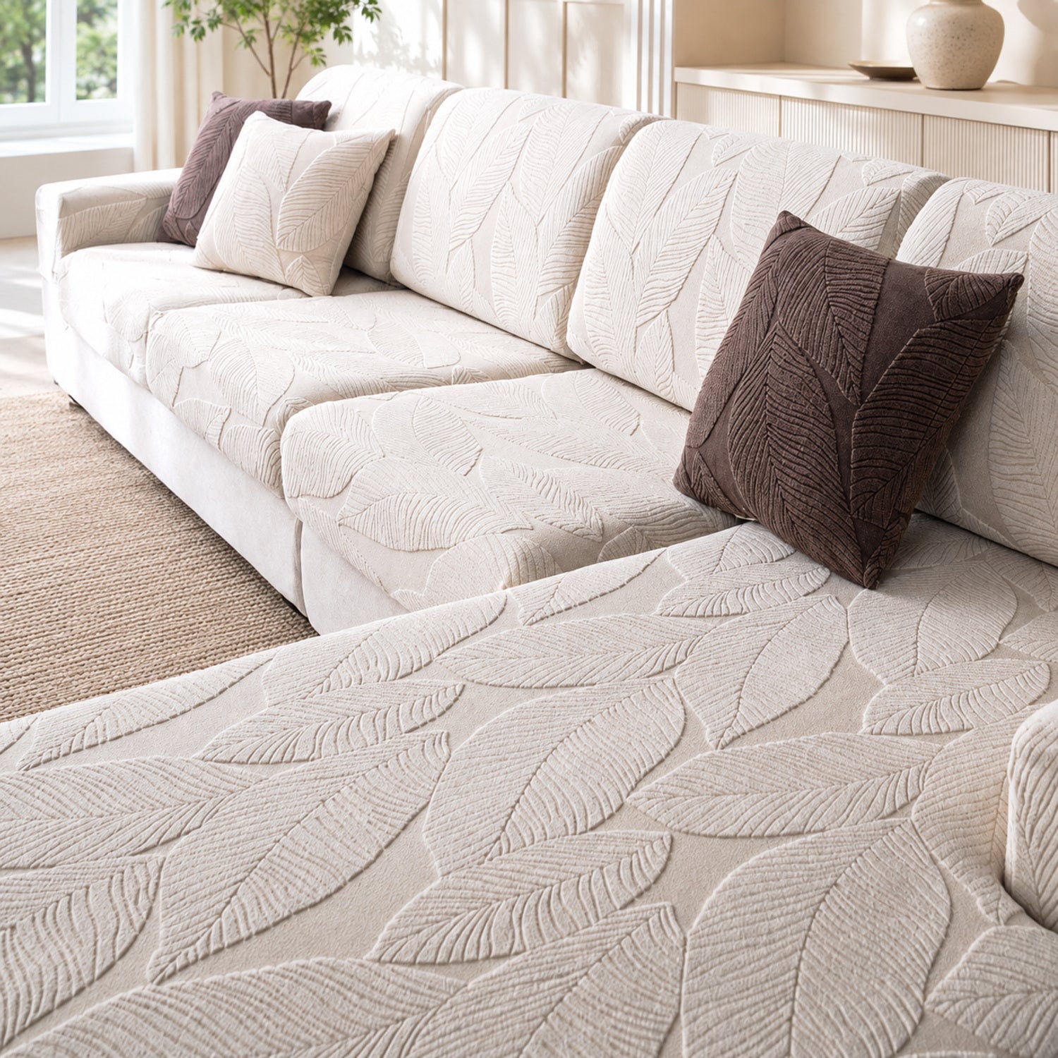 Modern Leaf Jacquard Sofa Cover | Waterproof Stretch Full Wrap | Anti-Scratch Protector | Woofing Deals