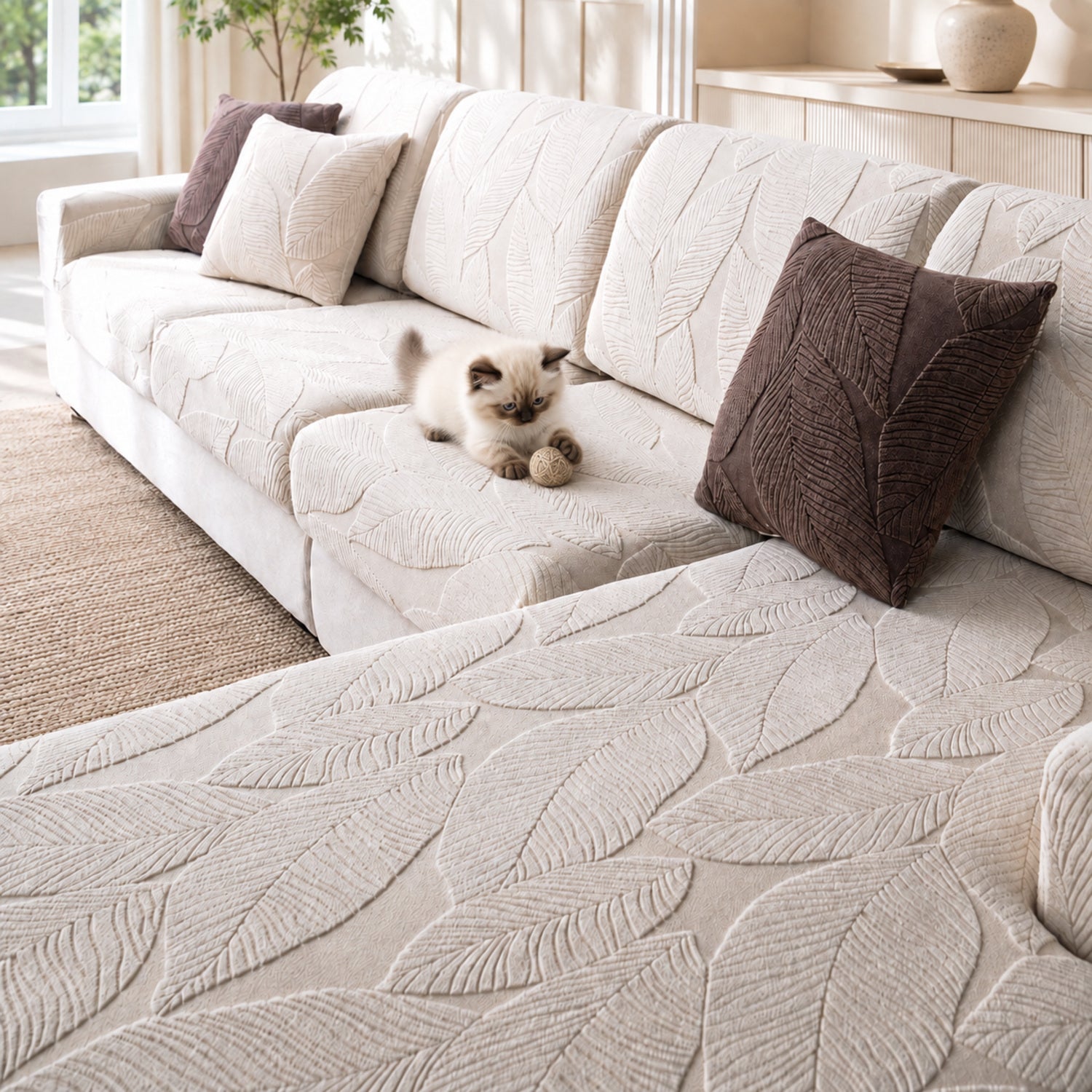 Modern Leaf Jacquard Sofa Cover | Waterproof Stretch Full Wrap | Anti-Scratch Protector | Woofing Deals