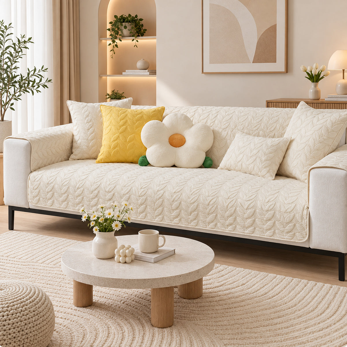 Leafy Vine Sofa Cover | Quilted Cotton | Non-Slip Sofa Protector