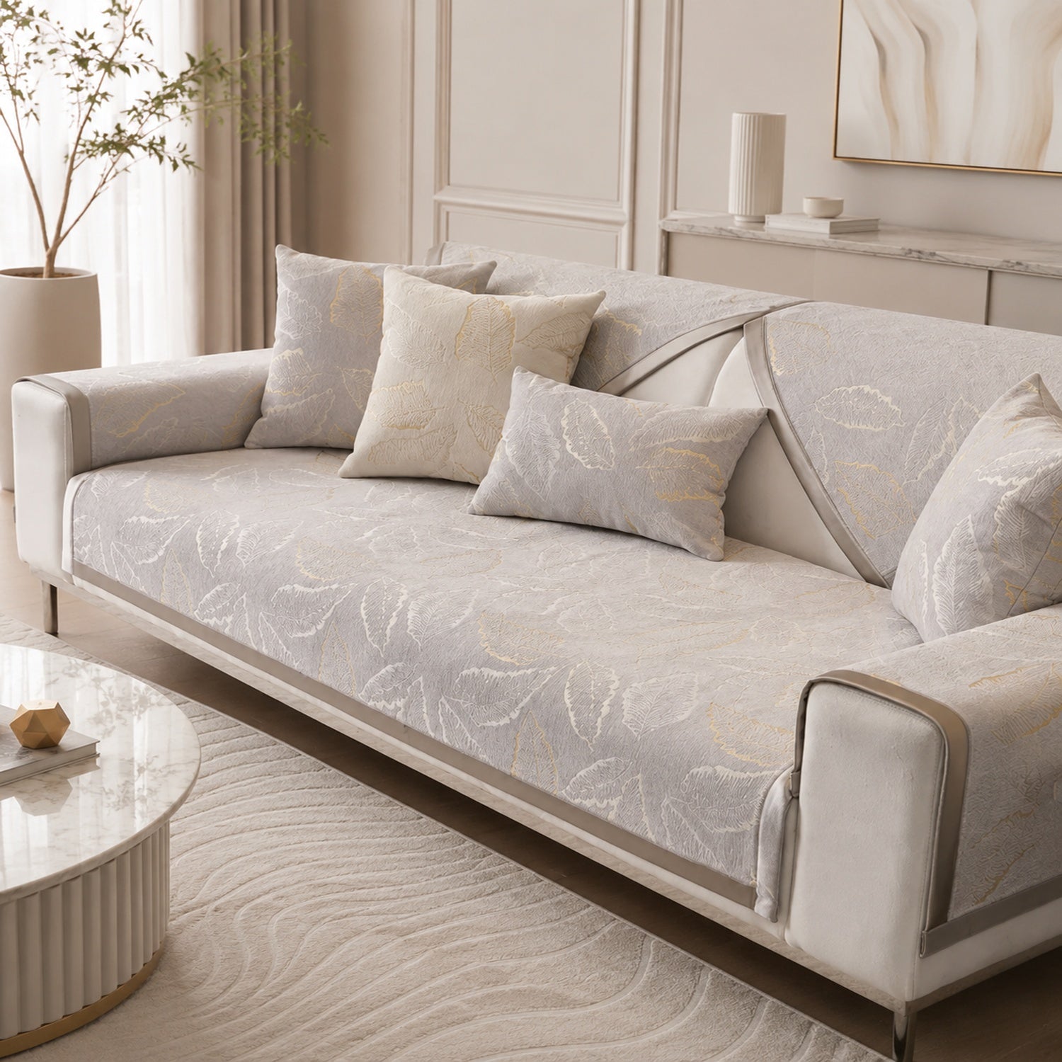 Gilded Leaf Sofa Protector | Chenille Jacquard Non-Slip Washable Cover