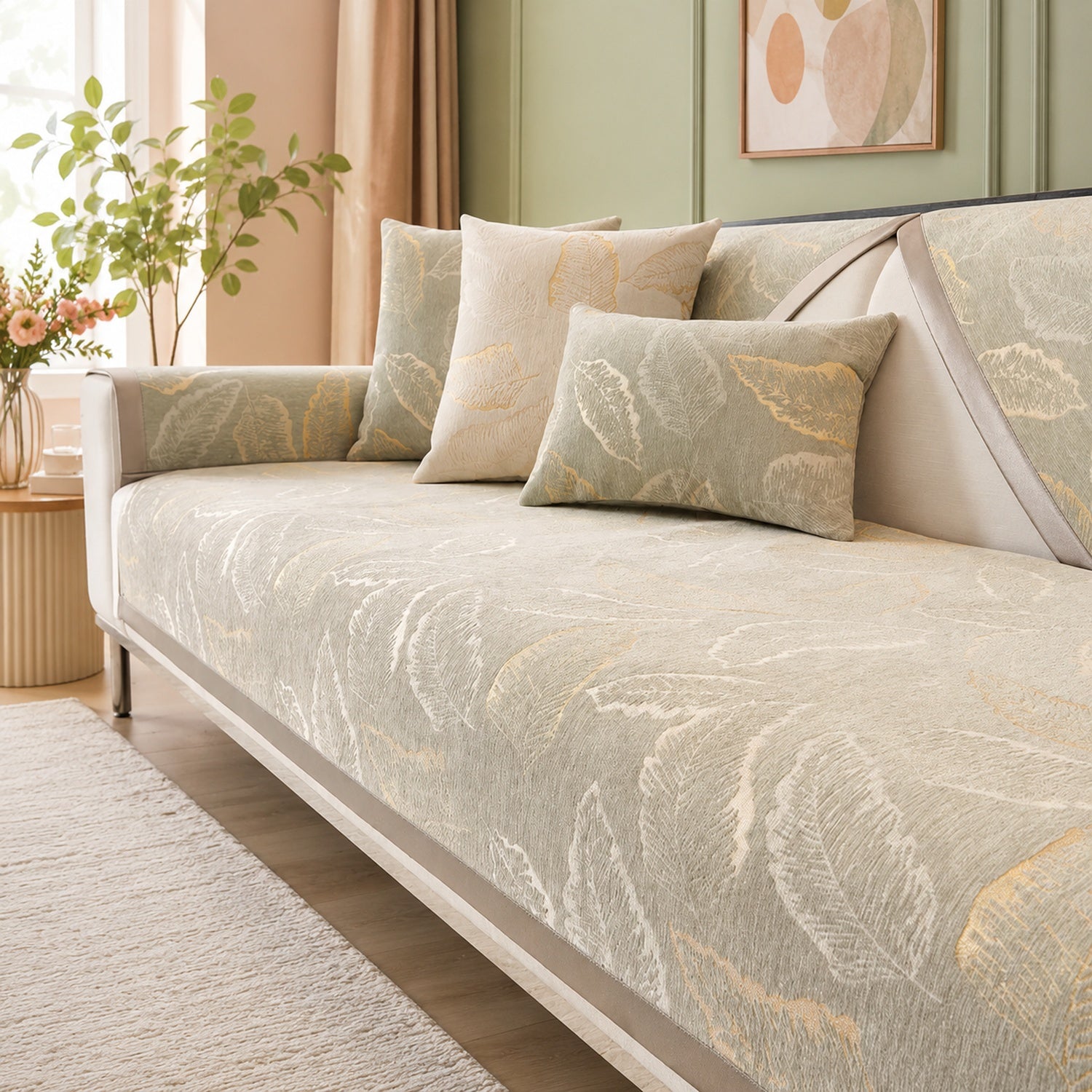Gilded Leaf Sofa Protector | Chenille Jacquard Non-Slip Washable Cover