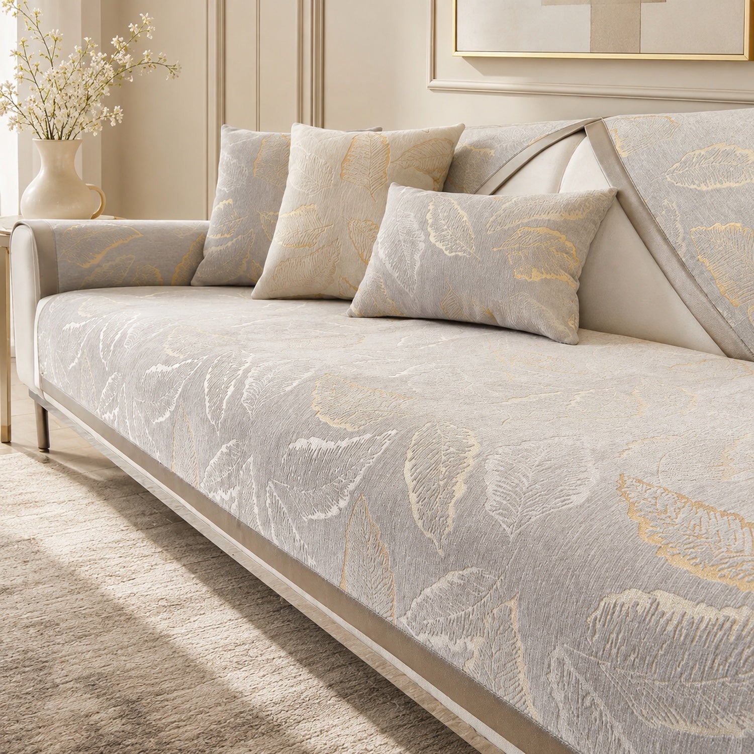 Gilded Leaf Sofa Protector | Chenille Jacquard Non-Slip Washable Cover
