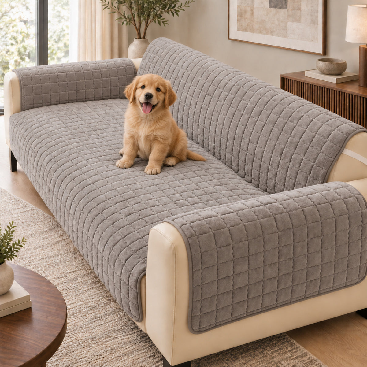 Short Plush Sofa Cover | One-Piece Non-Slip Washable Protector for Pet-Friendly Homes