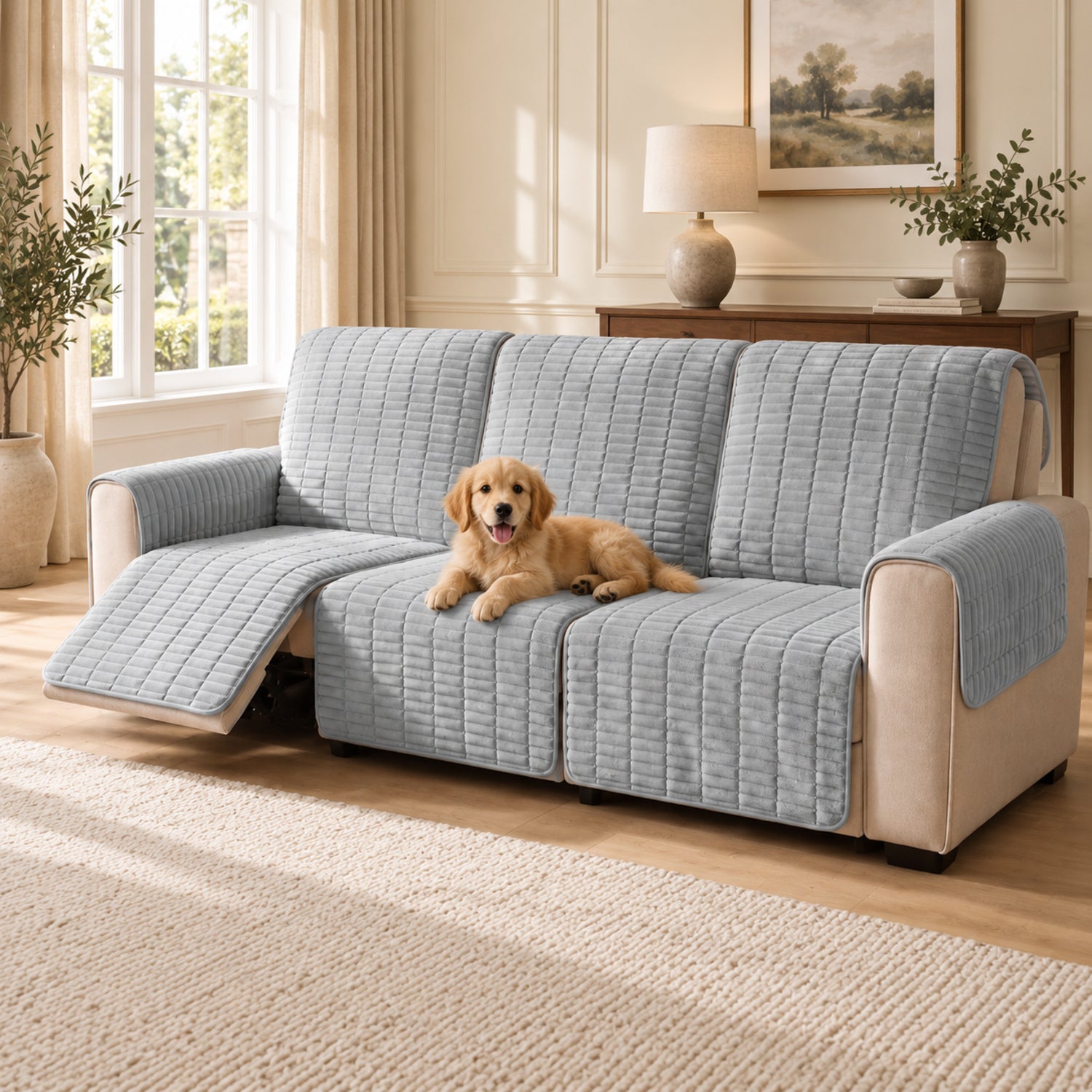 Flannel Recliner Sofa Cover | One-Piece Non-Slip Pet Protector with Elastic Straps