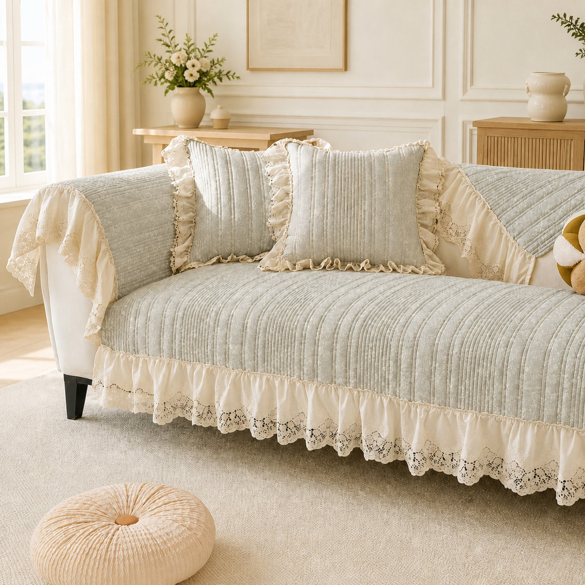 Vintage Lace Sofa Protector | Cotton-Linen Blend | Non-Slip Ruffled Design