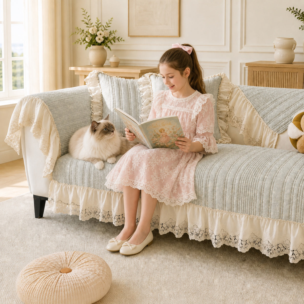 Vintage Lace Sofa Protector | Cotton-Linen Blend | Non-Slip Ruffled Design