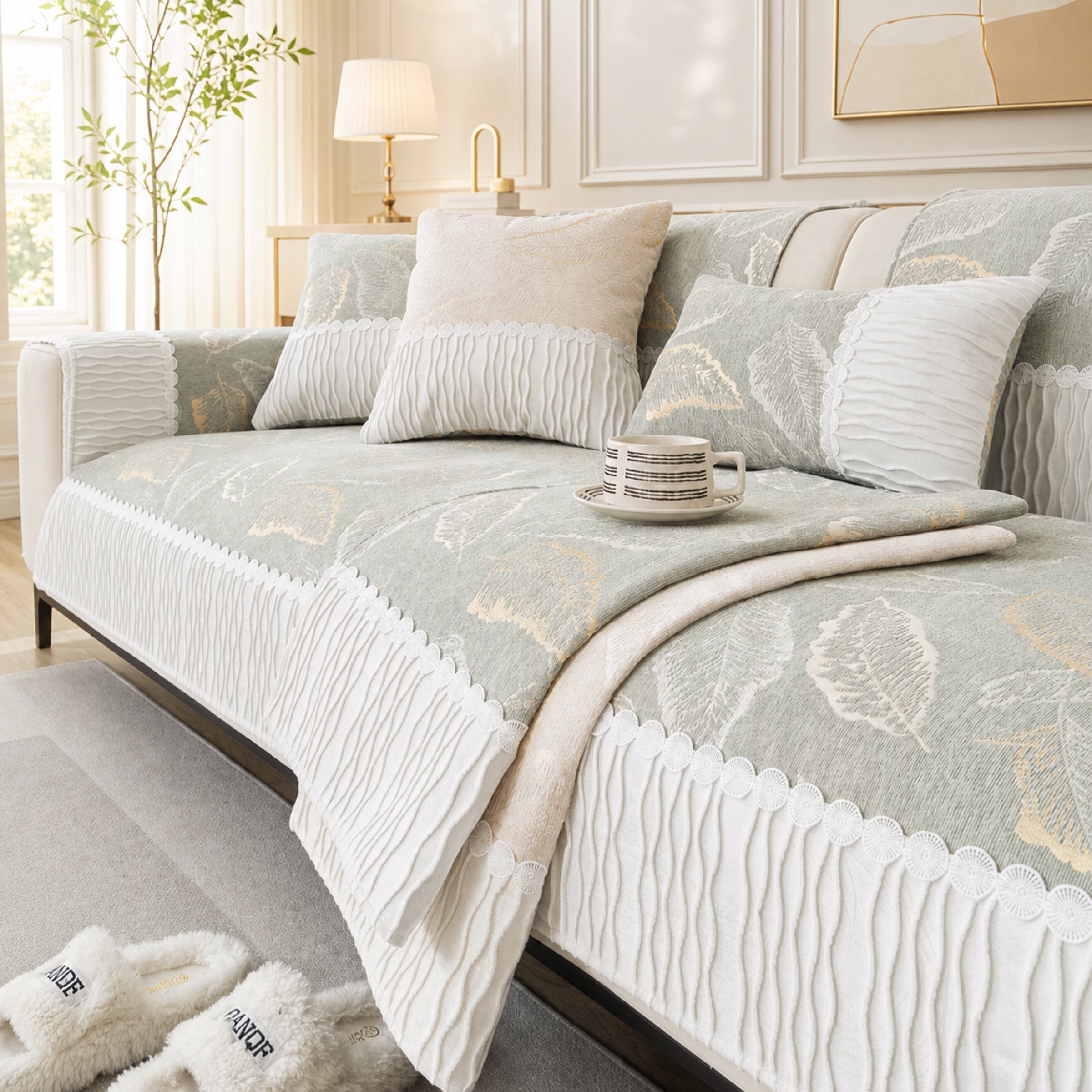 Elegant Leaf Jacquard Chenille Sofa Cover | Tassel Design | Anti-Slip & Anti-Scratch