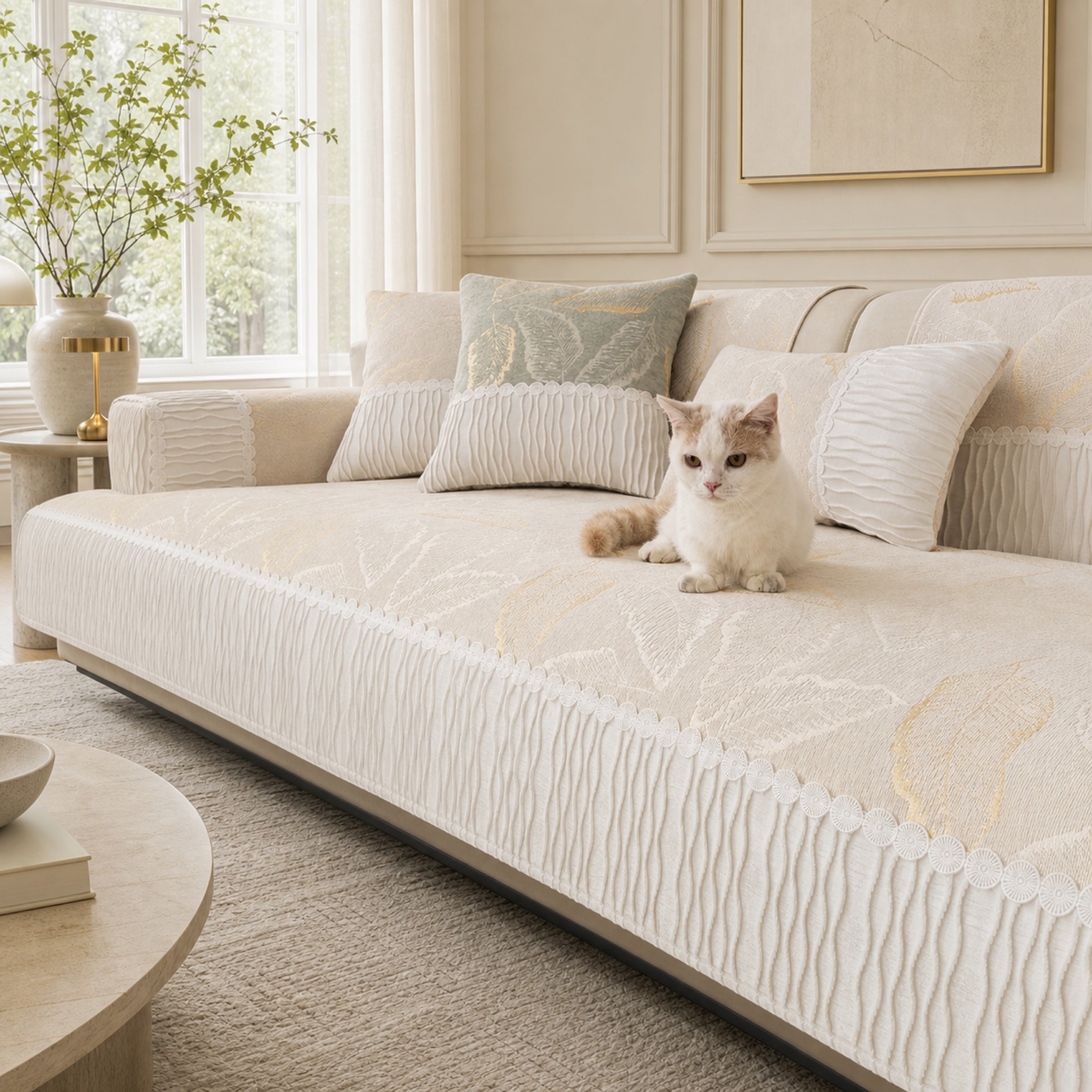 Elegant Leaf Jacquard Chenille Sofa Cover | Tassel Design | Anti-Slip & Anti-Scratch