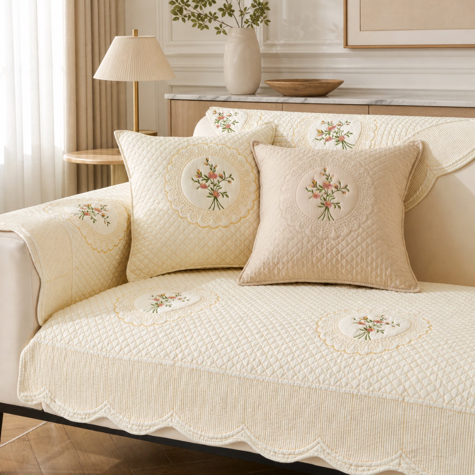 Heritage Floral Sofa Cover | Embroidered Cotton | Anti-Slip & Washable