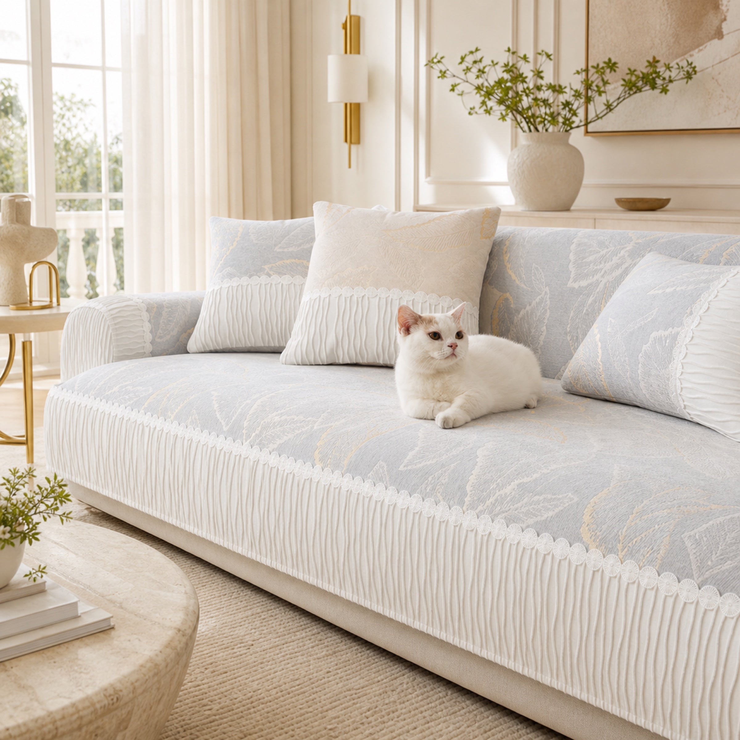 Elegant Leaf Jacquard Chenille Sofa Cover | Tassel Design | Anti-Slip & Anti-Scratch