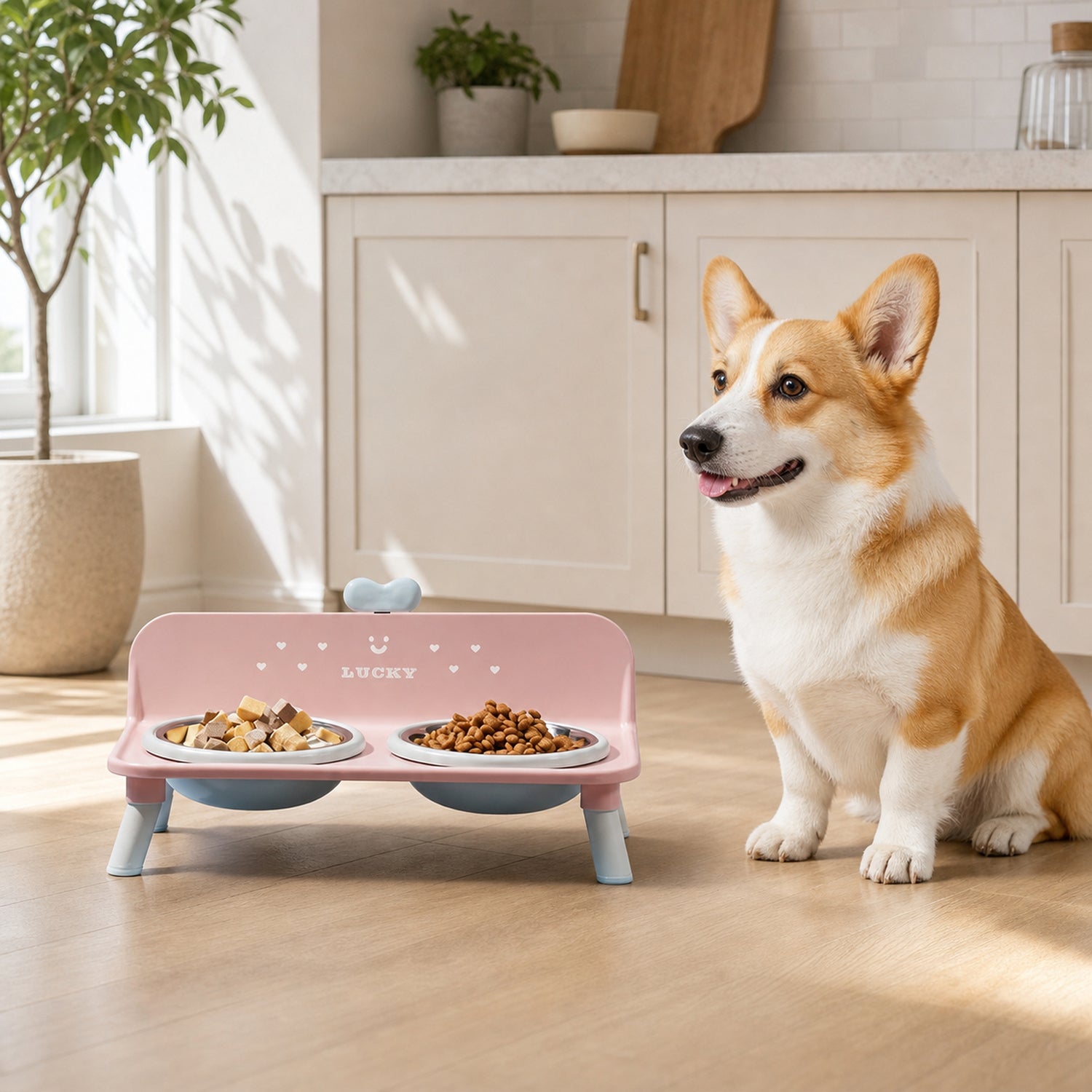 Lucky Heart Elevated Double Pet Bowl Stand | Stainless Steel | Neck-Friendly