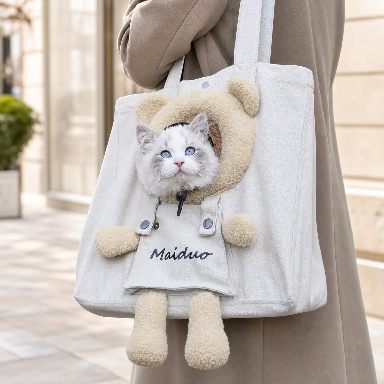 Teddy Hug Pet Carrier Tote | Canvas Shoulder Bag | Safety Clip & Storage Pocket