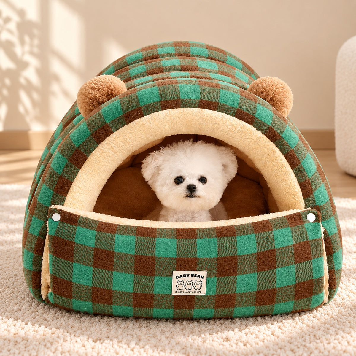 Dog Bed & Cat Bed | Cuddle Cabin Plush Cave | Removable Cushion & Fold-Down Front