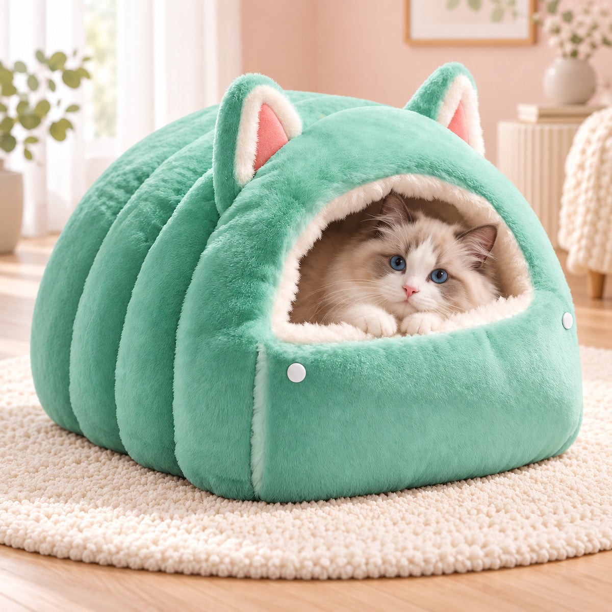 Cat Bed | Cosy Cat Ear Cave | Soft Plush & Fold-Down Front