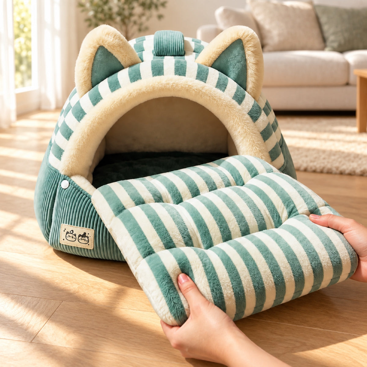 Cat Bed | Kitty Stripe Cave | Soft Plush & Corduroy | Fold-Down Front