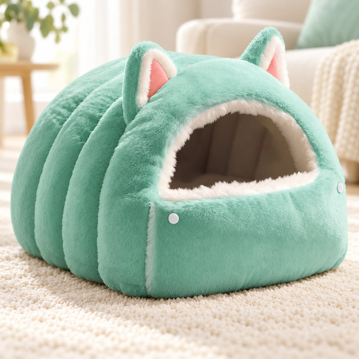Cat Bed | Cosy Cat Ear Cave | Soft Plush & Fold-Down Front