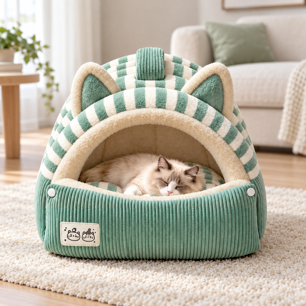 Cat Bed | Kitty Stripe Cave | Soft Plush & Corduroy | Fold-Down Front