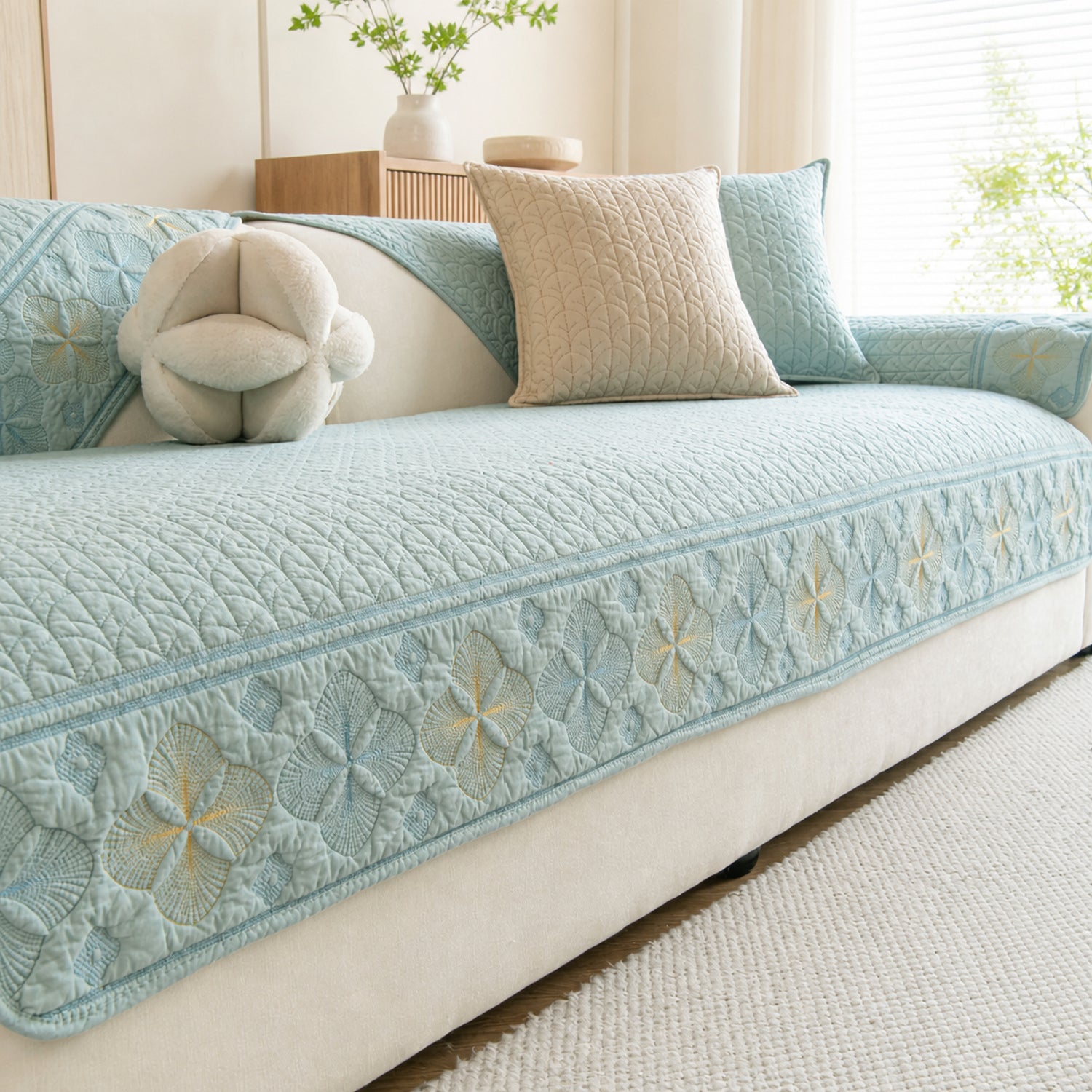 Floral Grace Quilted Sofa Cover | 100% Cotton | Non-Slip Machine-Washable
