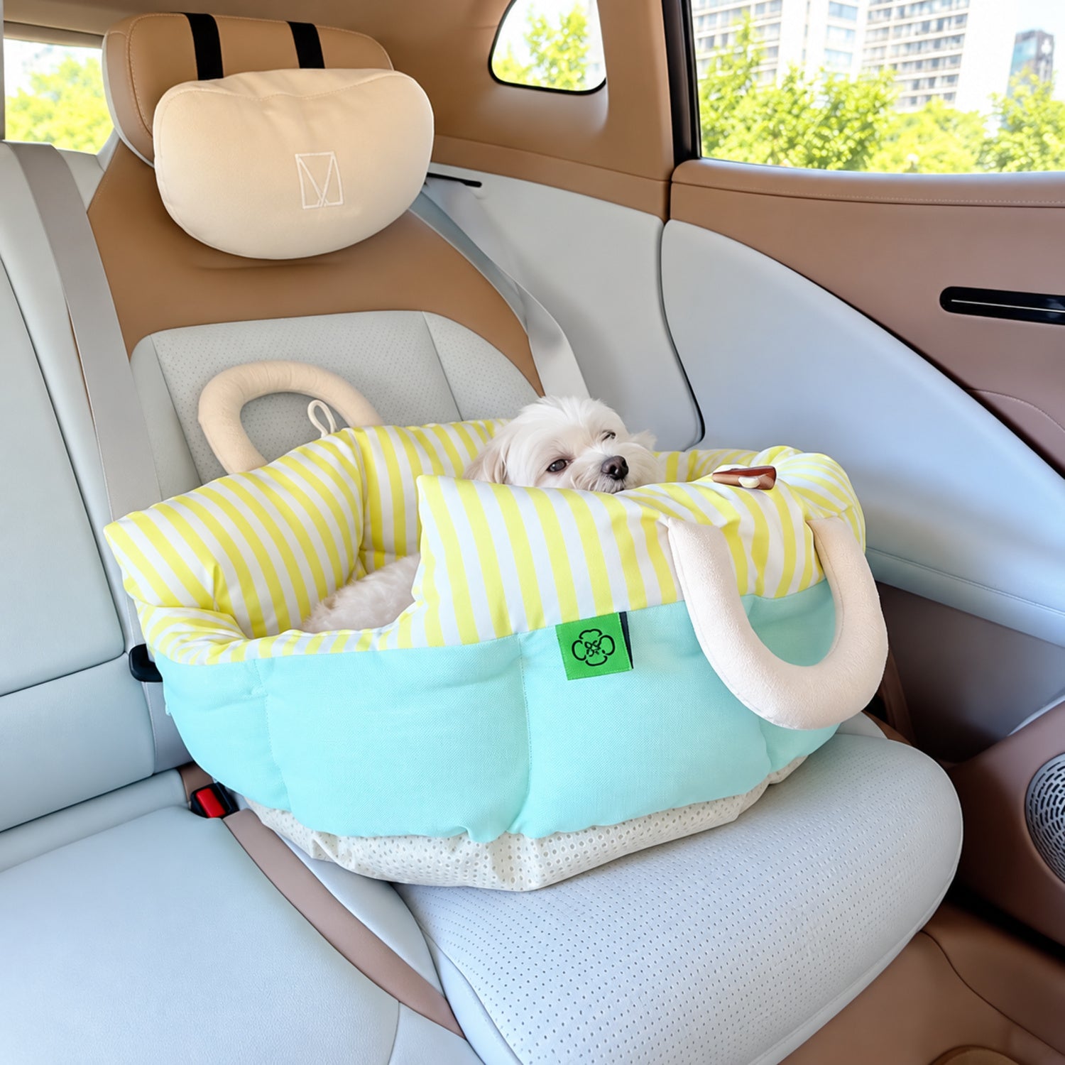 Yellow Stripe Pet Car Seat & Bed | Water-Repellent with Carry Handles