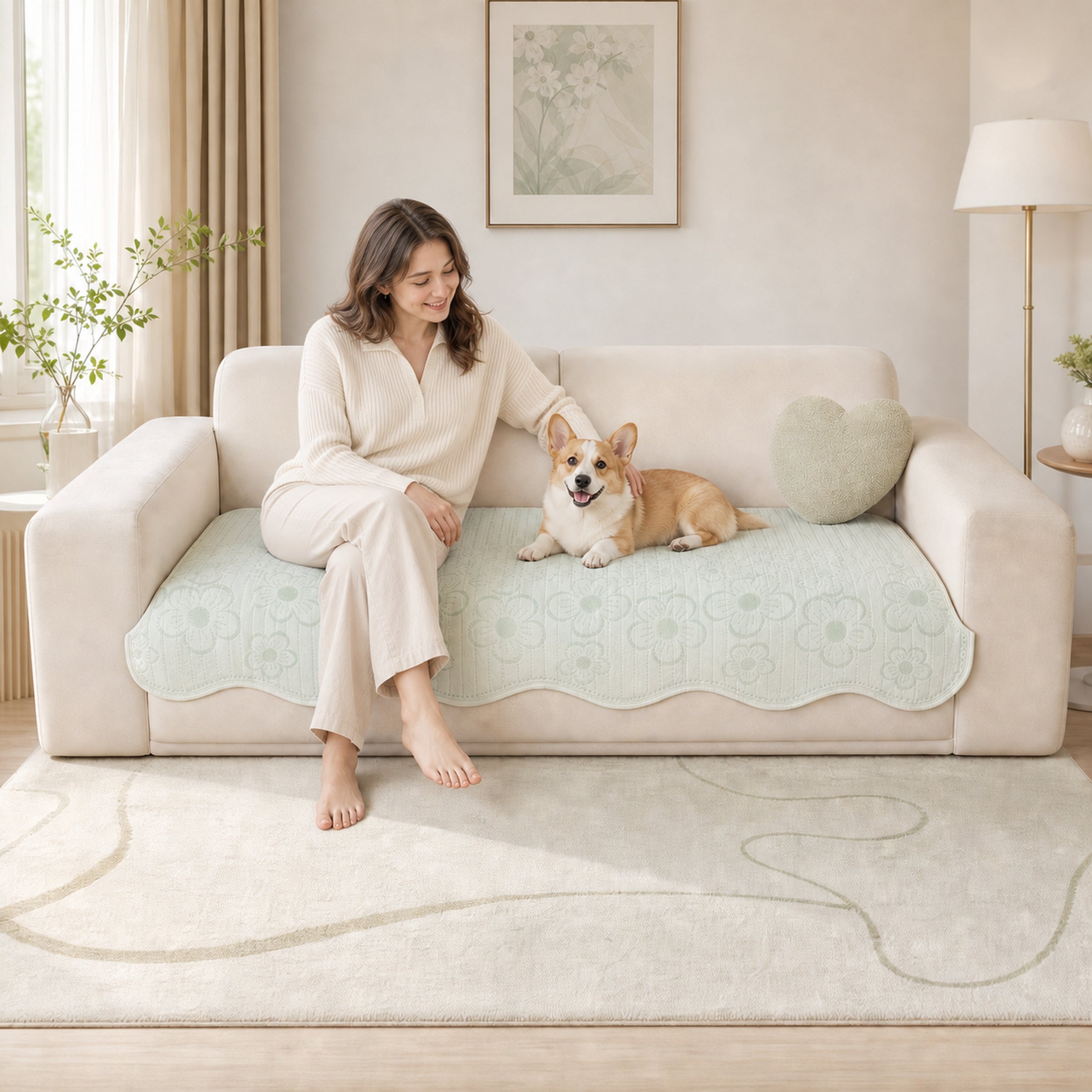 Floral Cooling Sofa Cover | Washable Non-Slip Couch Mat | Pet-Friendly Protector