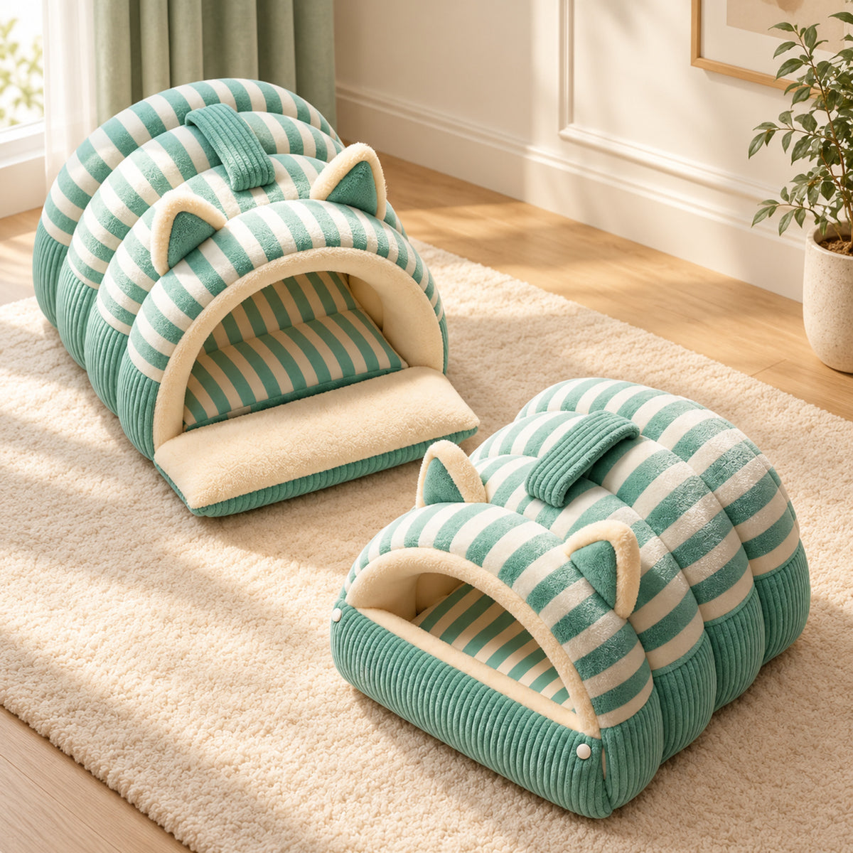 Cat Bed | Kitty Stripe Cave | Soft Plush & Corduroy | Fold-Down Front