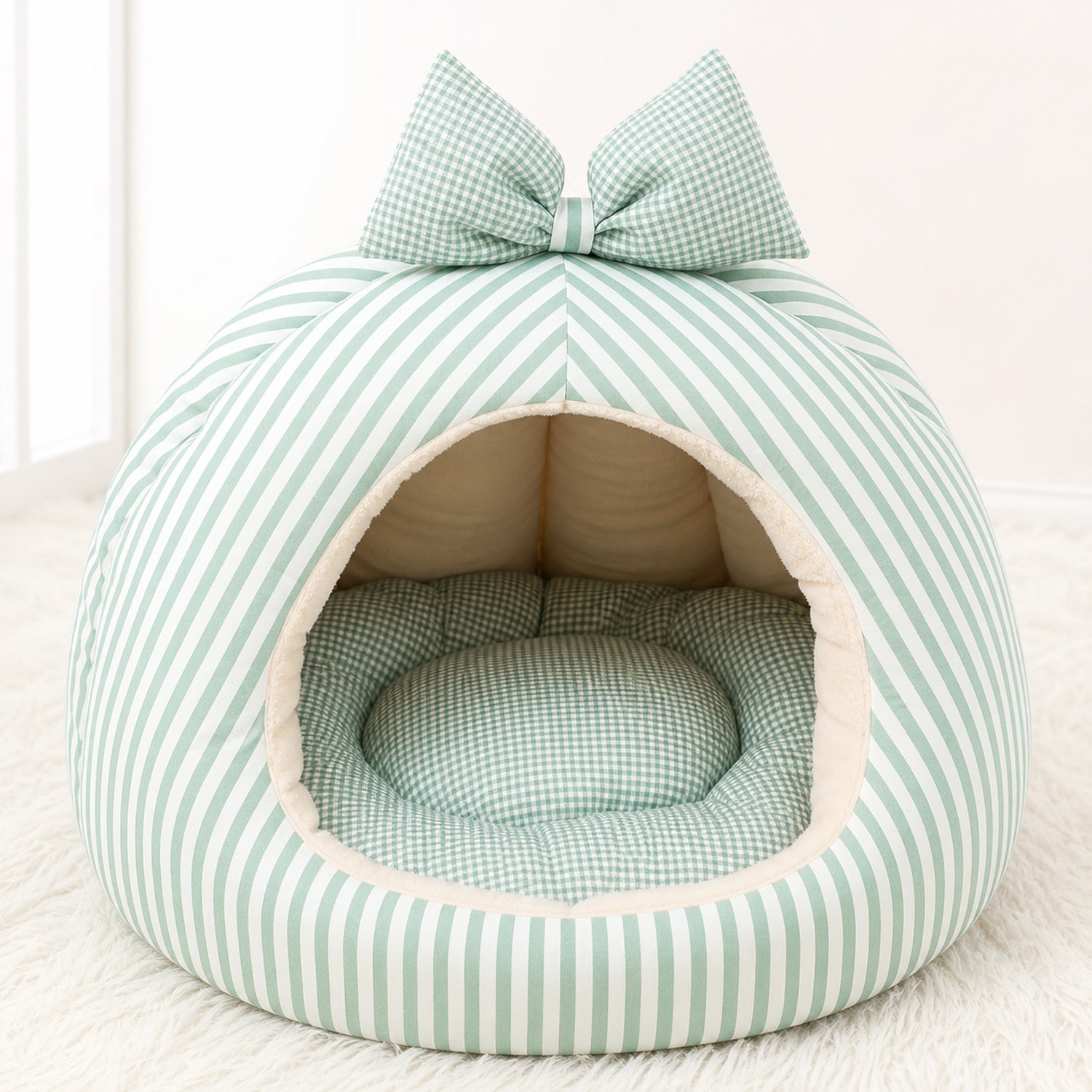 Striped Bow Pet House | Cosy Anti-Slip Machine-Washable Bed
