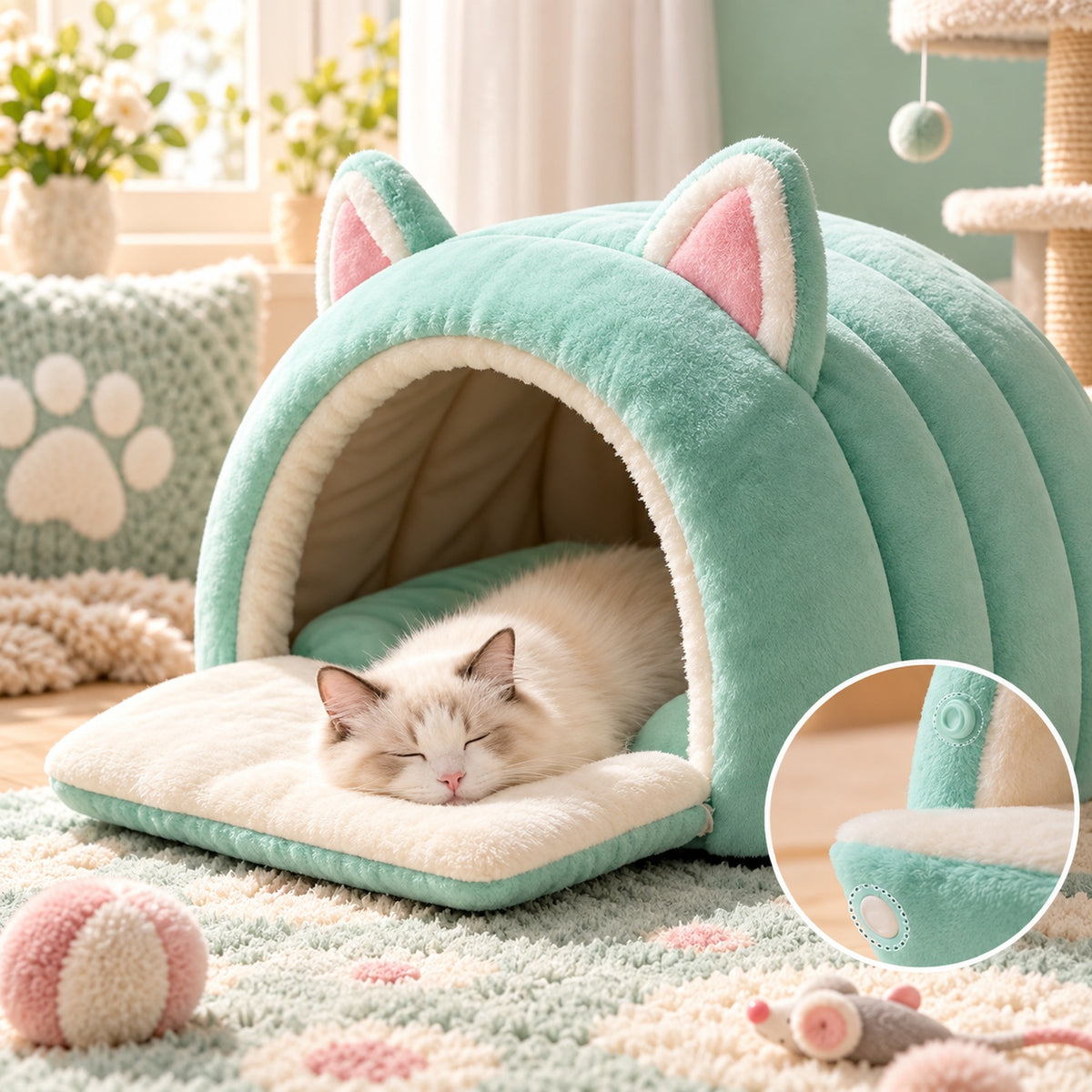 Cat Bed | Cosy Cat Ear Cave | Soft Plush & Fold-Down Front