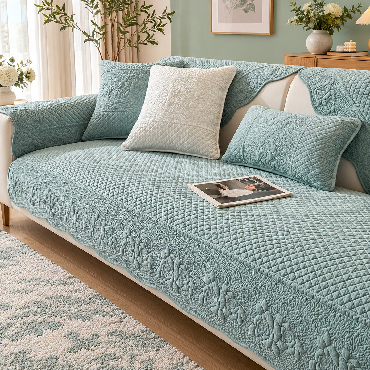 Rose Garden Sofa Cover | Quilted Cotton | Washable Sofa Protector