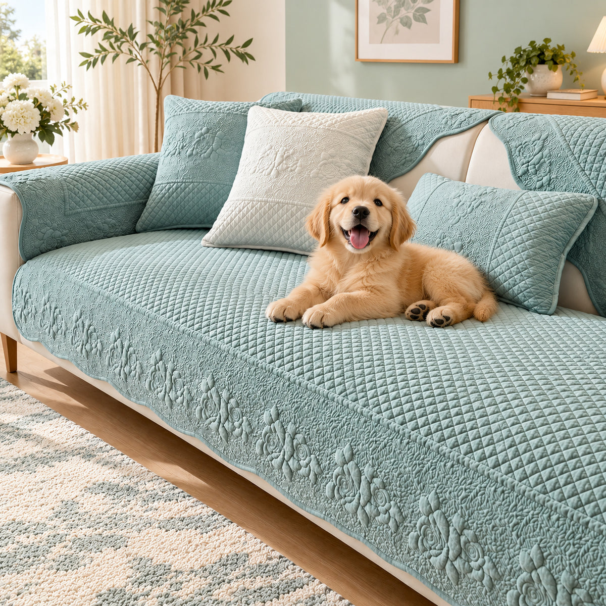 Rose Garden Sofa Cover | Quilted Cotton | Washable Sofa Protector