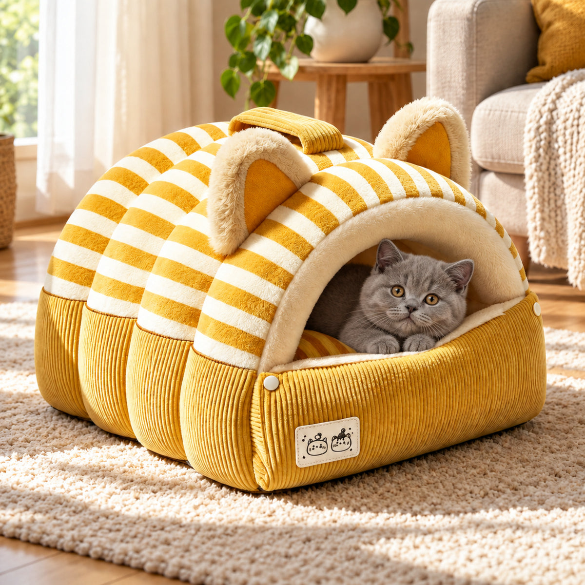 Cat Bed | Kitty Stripe Cave | Soft Plush & Corduroy | Fold-Down Front