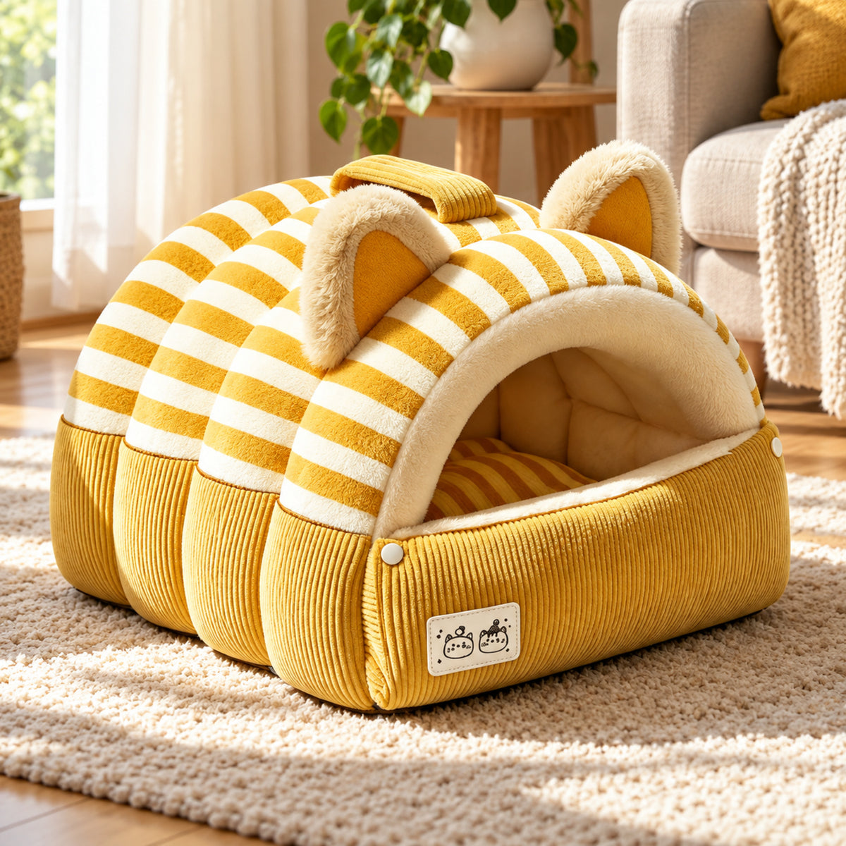Cat Bed | Kitty Stripe Cave | Soft Plush & Corduroy | Fold-Down Front