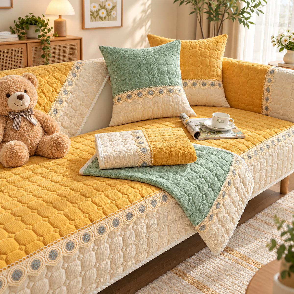 Honeycomb Sofa Cover | Quilted Corduroy | Non-Slip Washable Sofa Protector