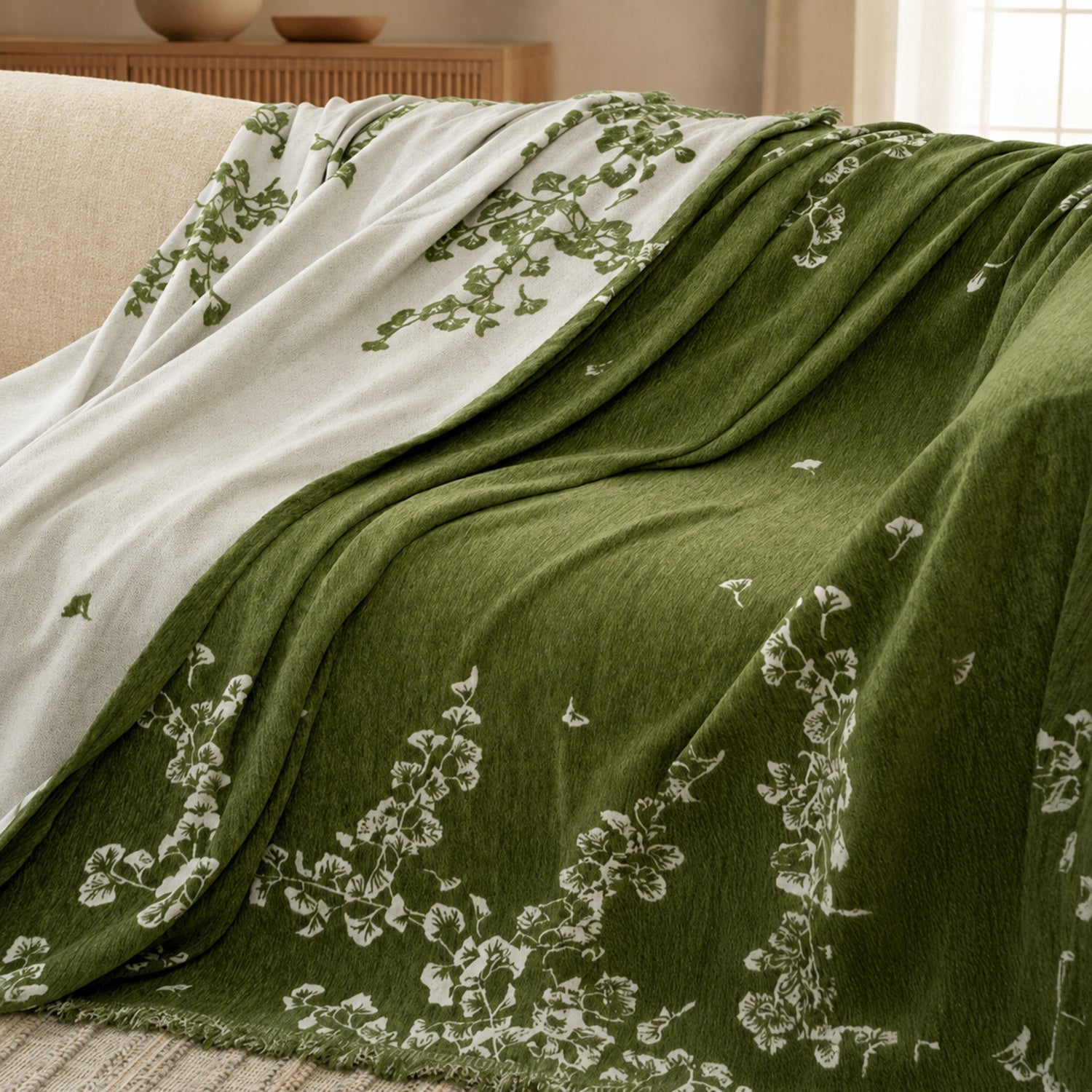 Olive Blossom Sofa Throw | Chenille Machine-Washable All-Season