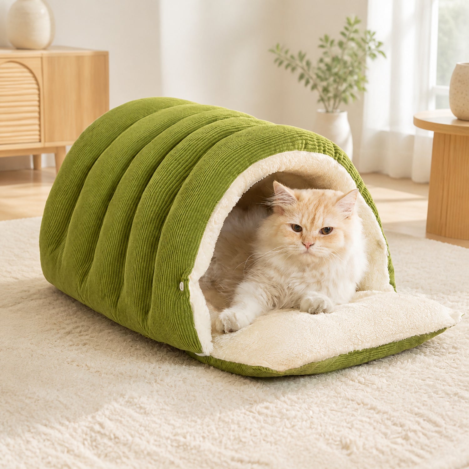 Cosy Tunnel Cat Bed | Warm Corduroy | Removable Washable Hideaway