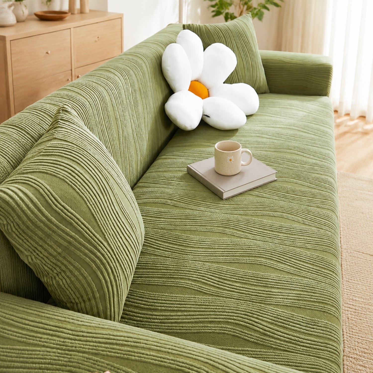 Ribbed Jacquard Stretch Sofa Protector | Knitted Fleece Full-Coverage Cover