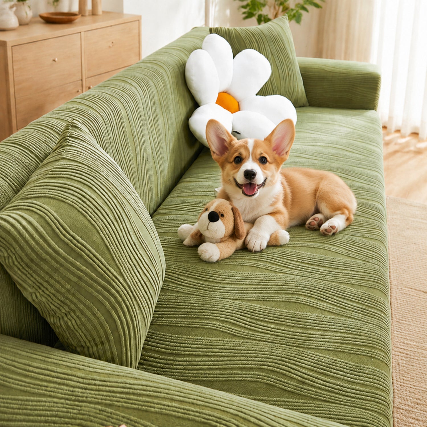 Ribbed Jacquard Stretch Sofa Protector | Knitted Fleece Full-Coverage Cover