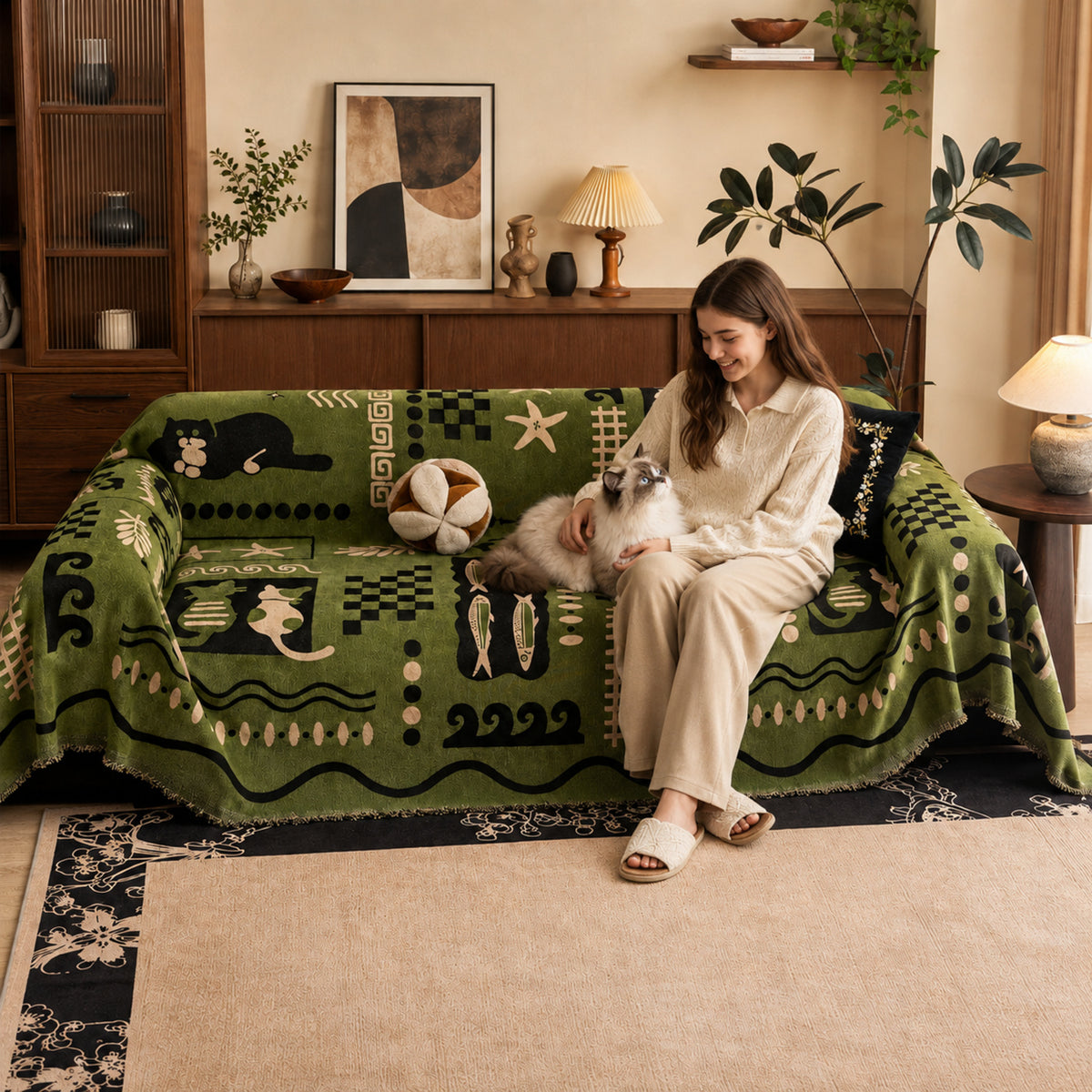 Playful Kitty Chenille Sofa Throw | All-Season Machine-Washable Sofa Protector