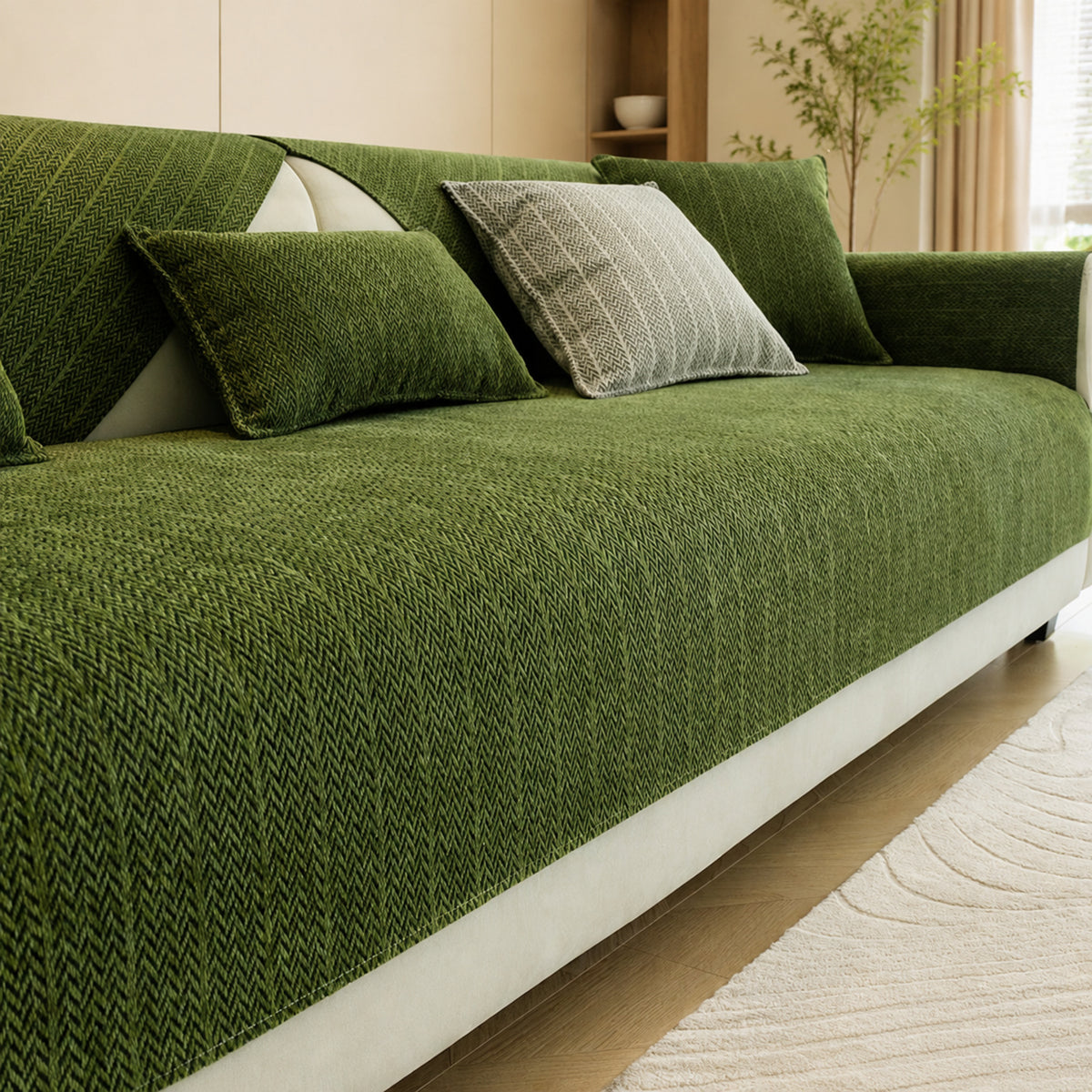 Solid Colour Chenille Sofa Cover | Anti-Scratch Herringbone Couch Protector | Durable | Woofing Deals