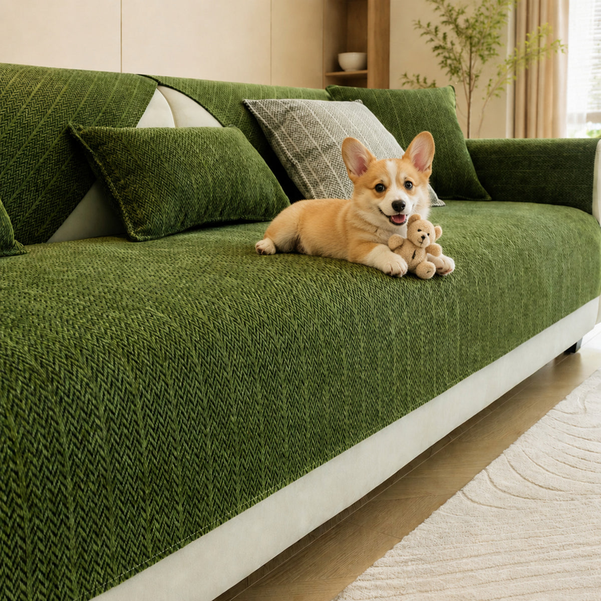 Solid Colour Chenille Sofa Cover | Anti-Scratch Herringbone Couch Protector | Durable | Woofing Deals