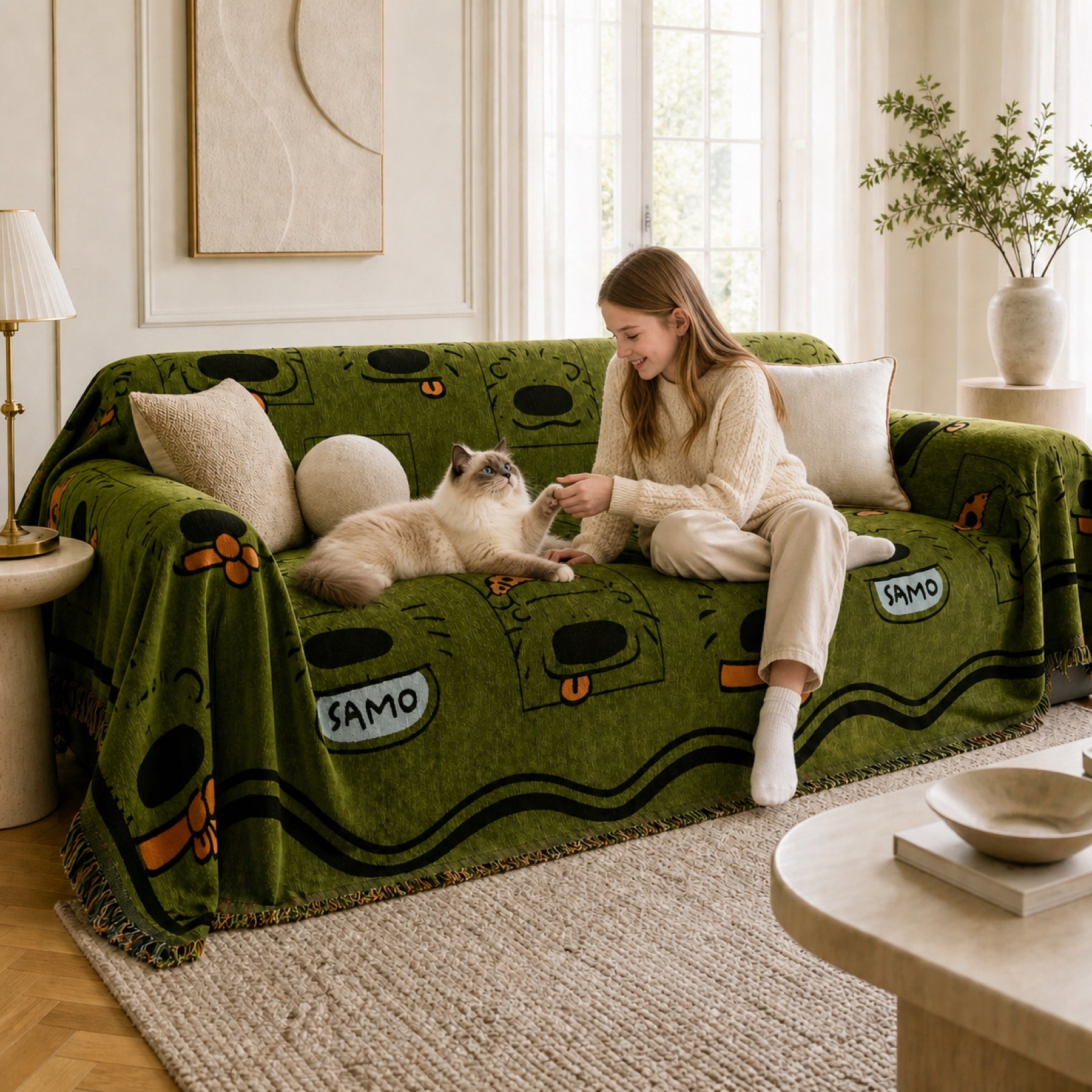 Doodle Dog Chenille Sofa Throw | Scratch-Resistant All-Season Sofa Protector