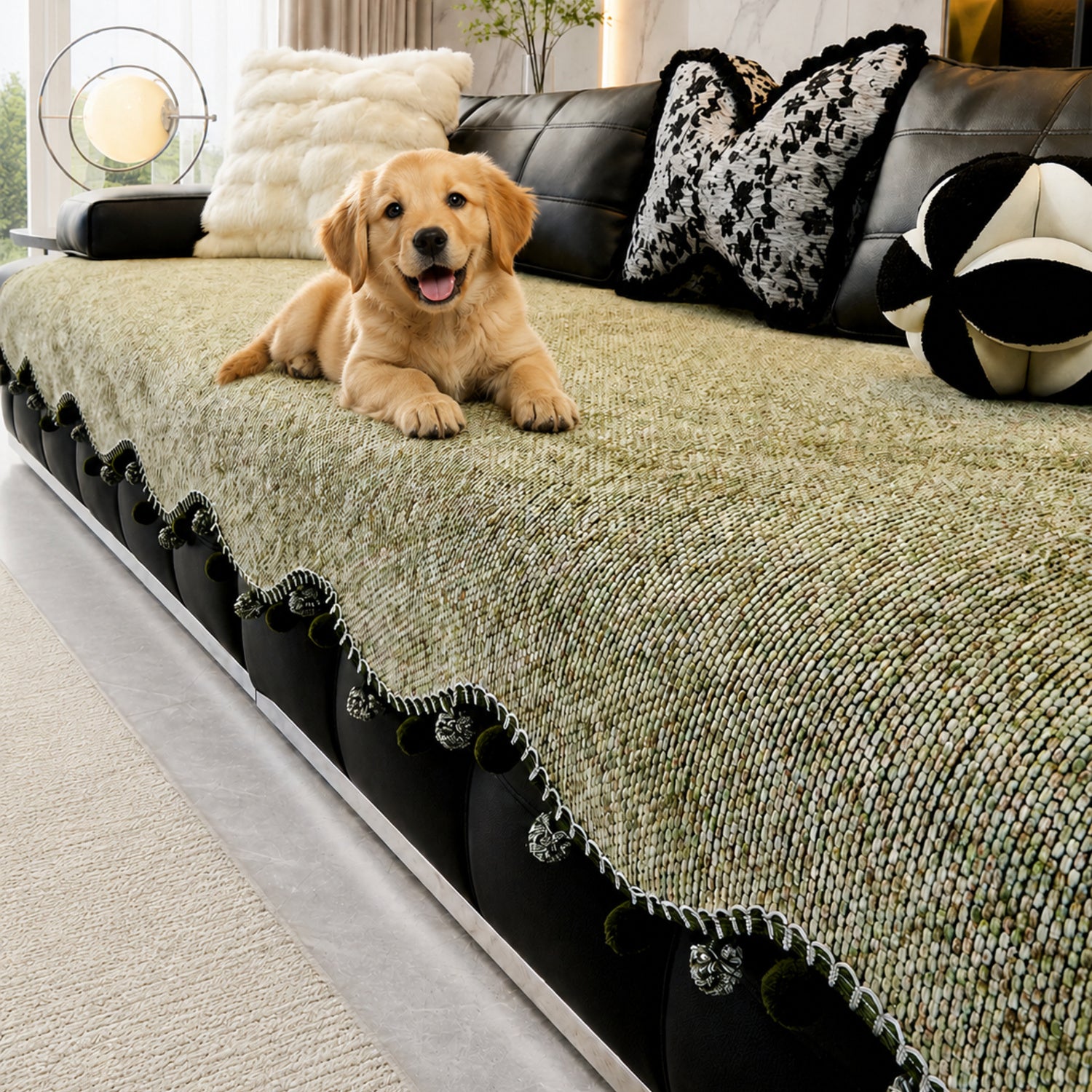 Pom-Pom Chenille Sofa Protector | Non-Slip Machine-Washable Cover