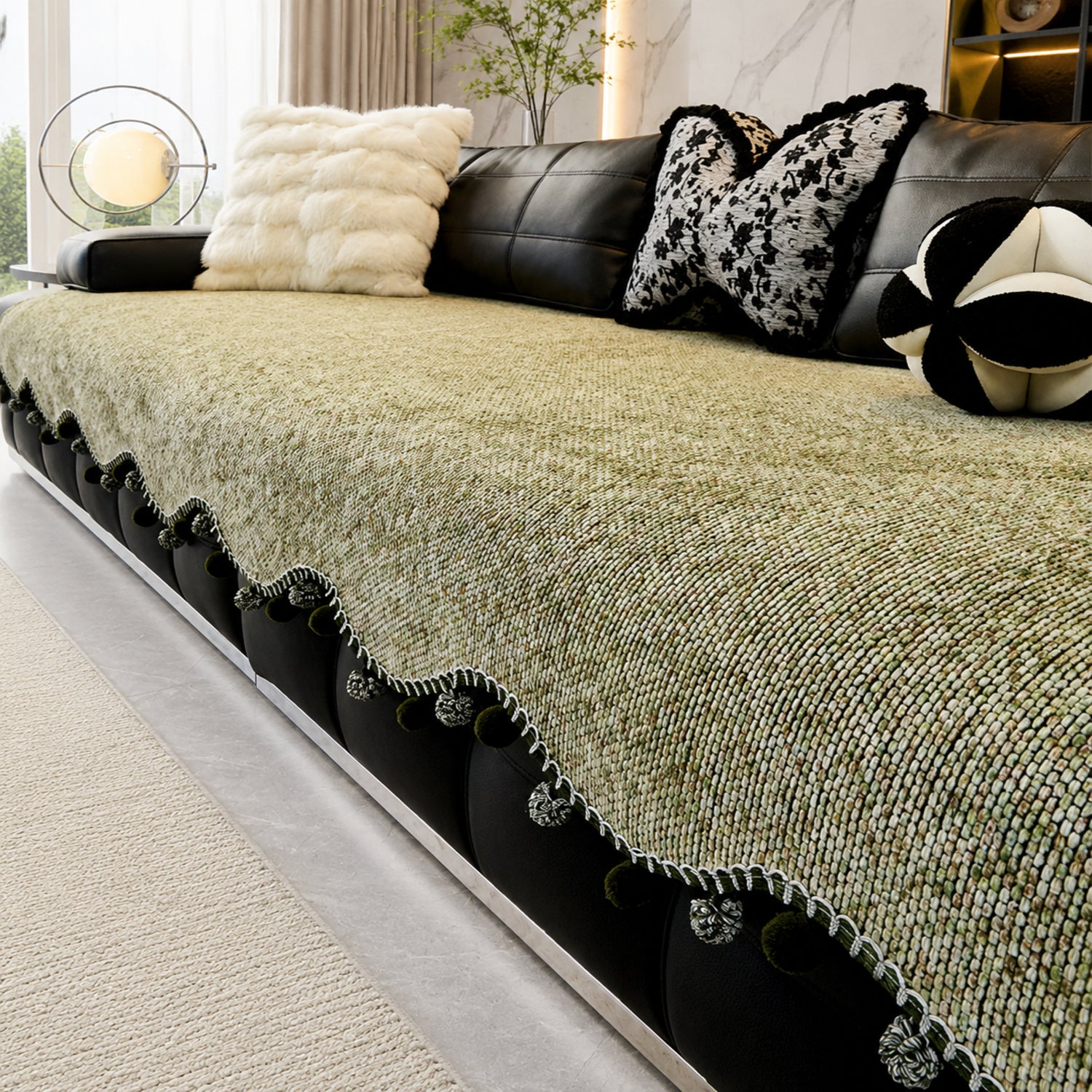 Pom-Pom Chenille Sofa Protector | Non-Slip Machine-Washable Cover