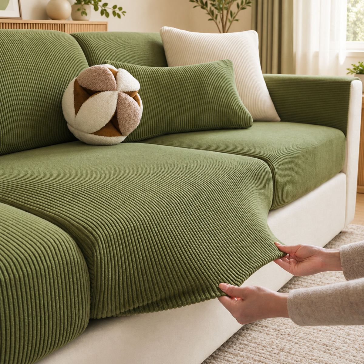 Striped Corduroy Stretch Sofa Cushion Covers | Scratch-Resistant Washable Sofa Protector