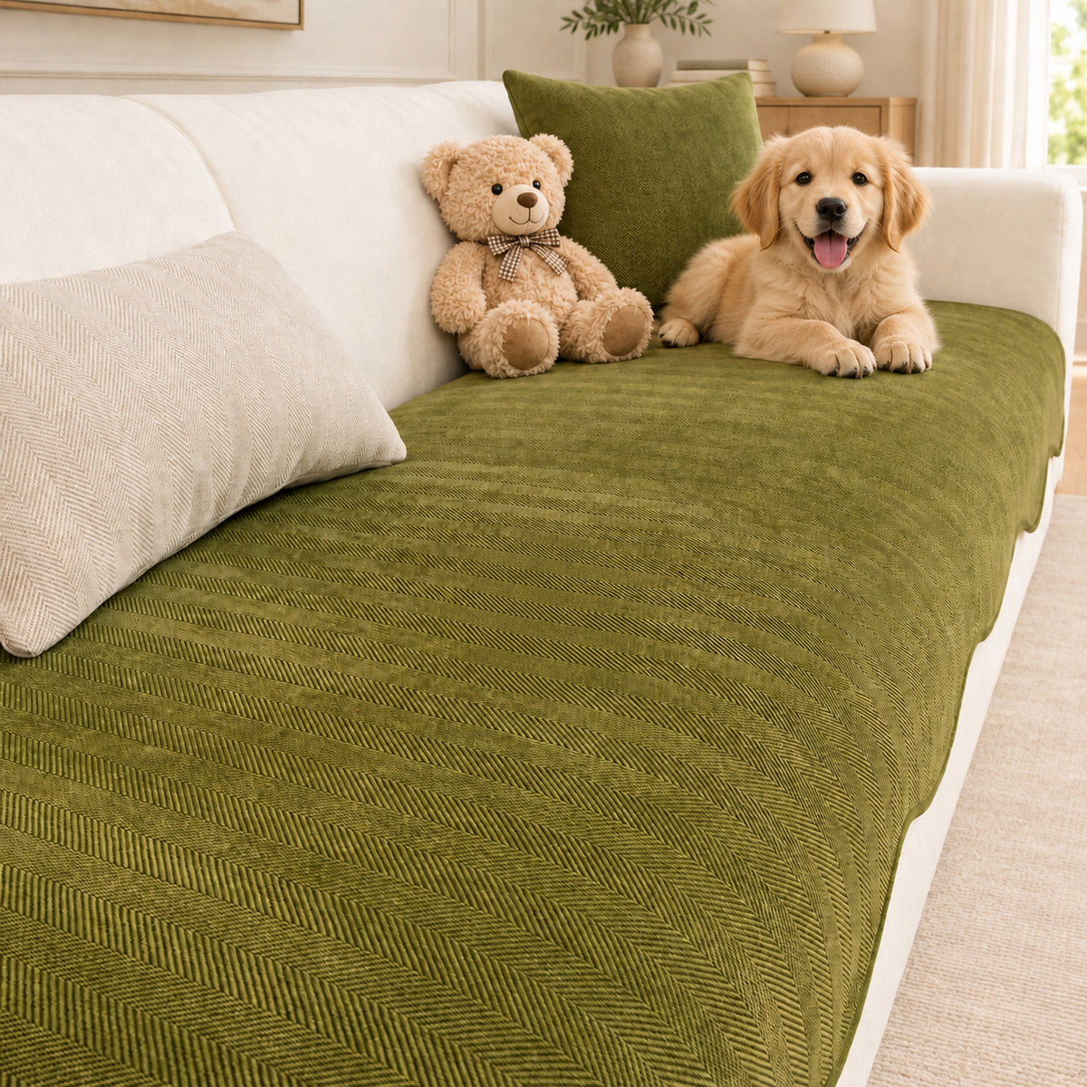 Sofa Cover | Non-Slip Chenille Sofa Protector | Herringbone Pattern with Scalloped Edges