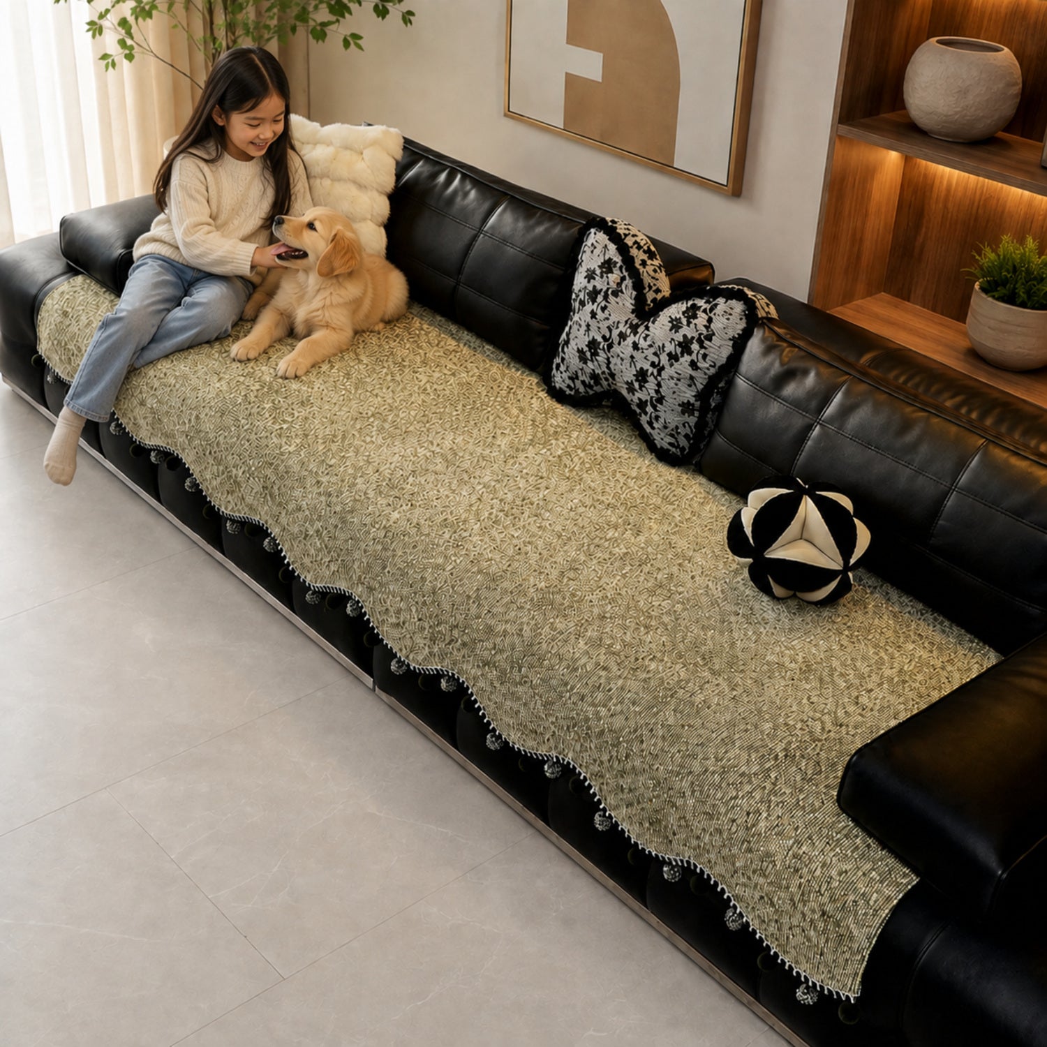 Pom-Pom Chenille Sofa Protector | Non-Slip Machine-Washable Cover
