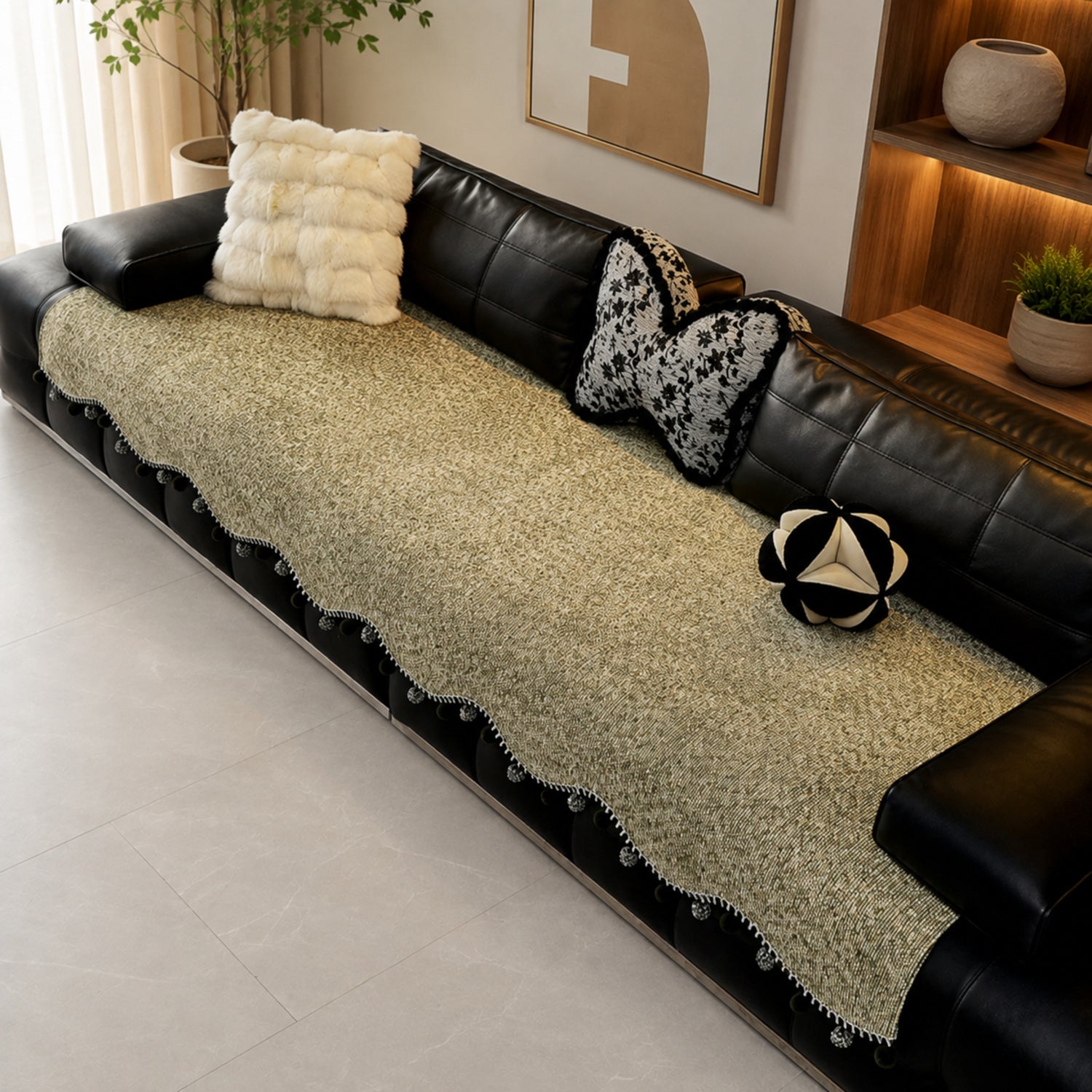Pom-Pom Chenille Sofa Protector | Non-Slip Machine-Washable Cover