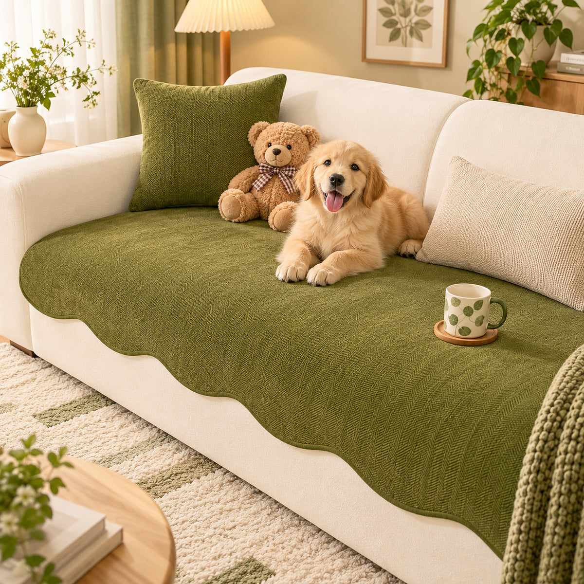Sofa Cover | Non-Slip Chenille Sofa Protector | Herringbone Pattern with Scalloped Edges
